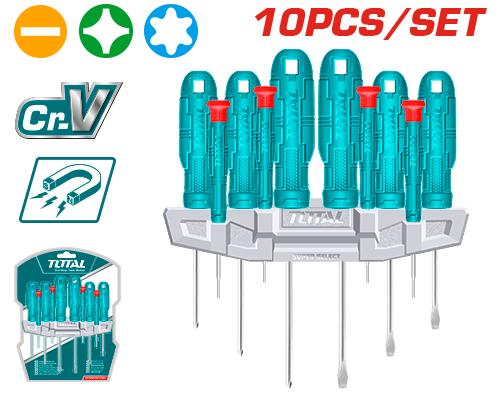 Bộ 10 tua vít dẹp, bake, sao và tua vít chuẩn hiệu Total THTDC251001