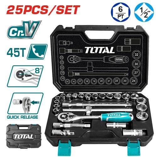 Bộ 25 đầu tuýp 1/2 và cần 2 chiều hiệu Total THT121251