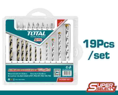 Bộ 19 mũi khoan kim loại, bê tông và mũi bắt vít – Hiệu Total TACSDB1901