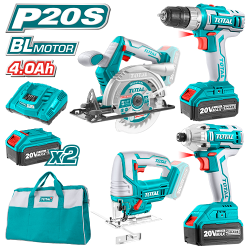Bộ combo 4 máy cưa đĩa tròn, máy cưa lọng, máy siết vít và máy khoan dùng pin 20V hiệu Total TCKLI2010