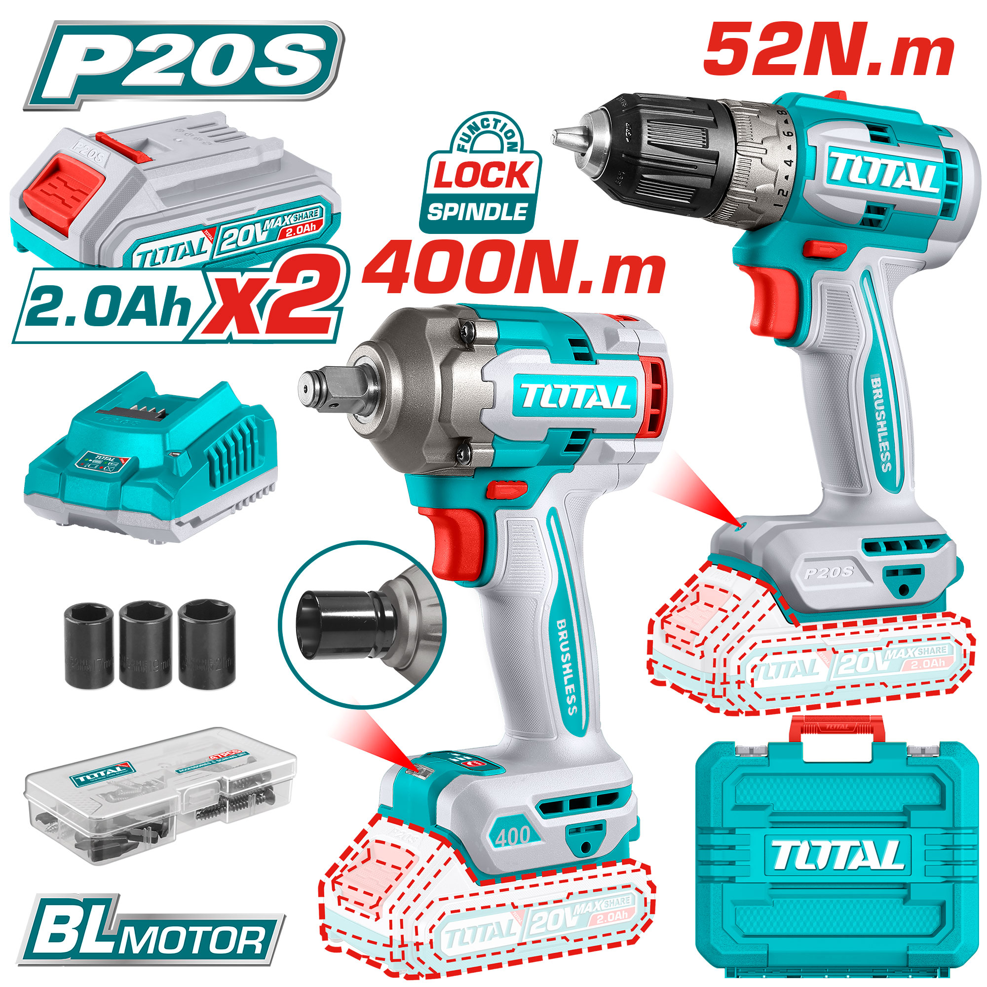 Bộ combo máy khoan TDLI204531 & máy siết buloong TIWLI2040 không chổi than dùng pin 20V