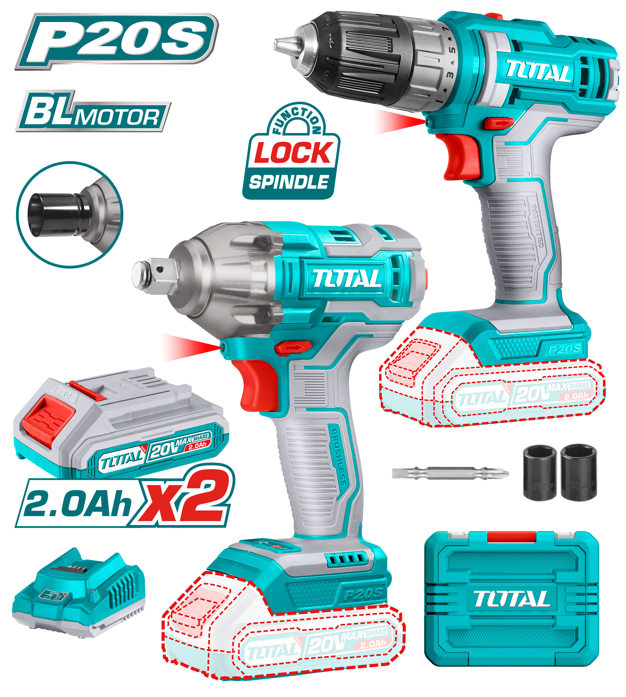 Bộ combo máy khoan TDLI200528 và máy siết buloong TIWLI2038 dùng pin 20V