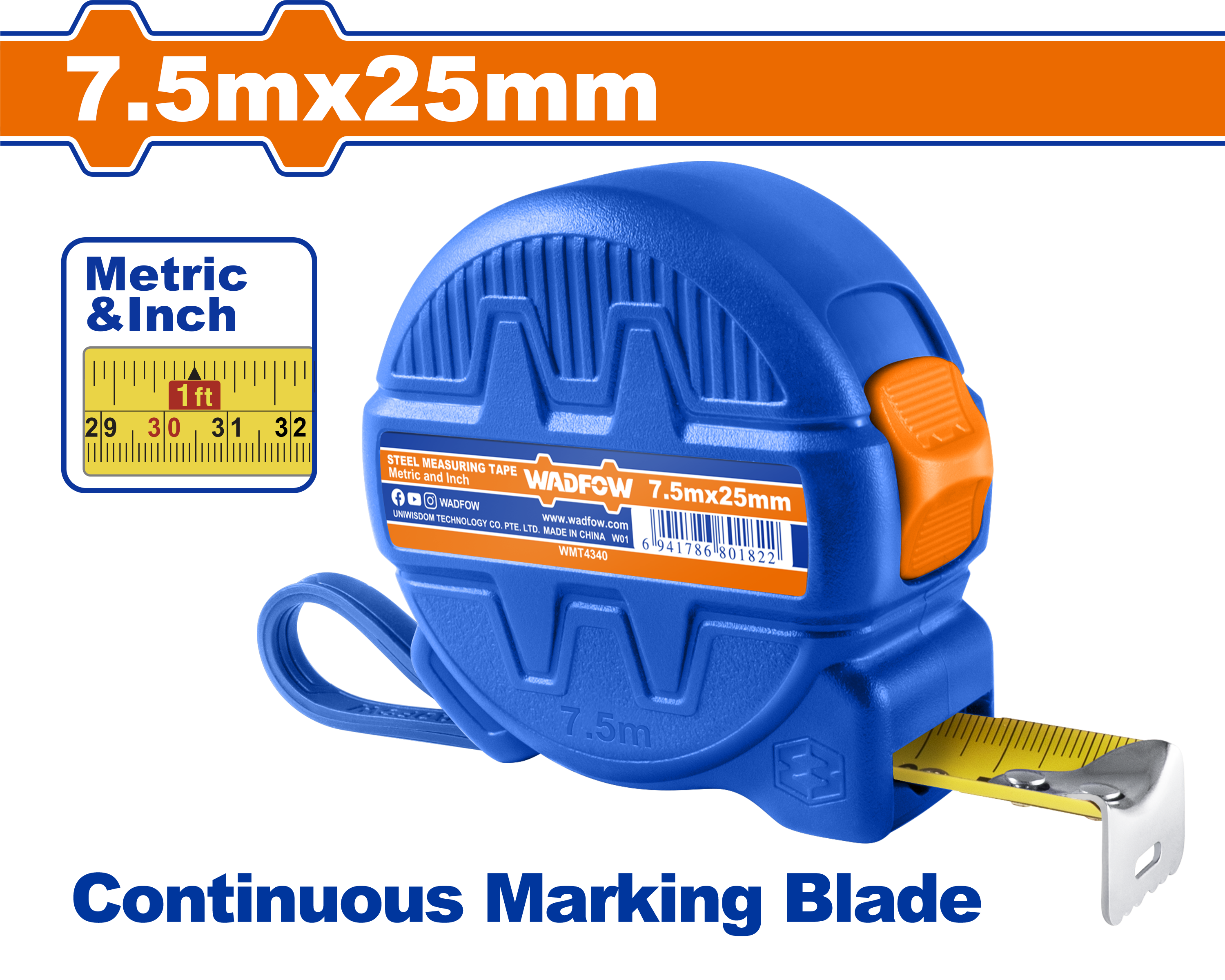 Thước kéo thép nền vàng 7.5x25mm