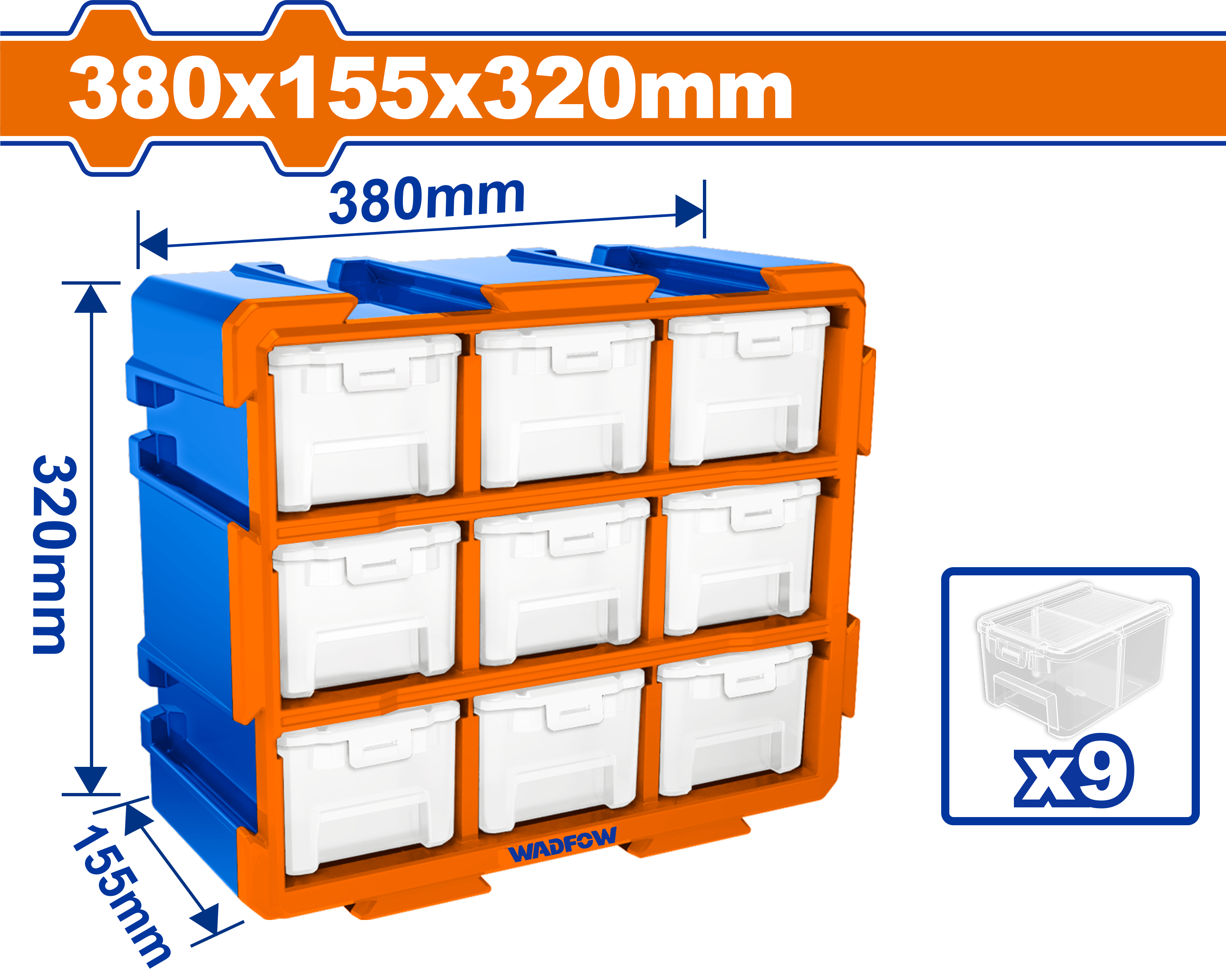 Bộ tủ gồm 9 khay nhựa đựng linh kiện (dạng kín) 380x155x320mm