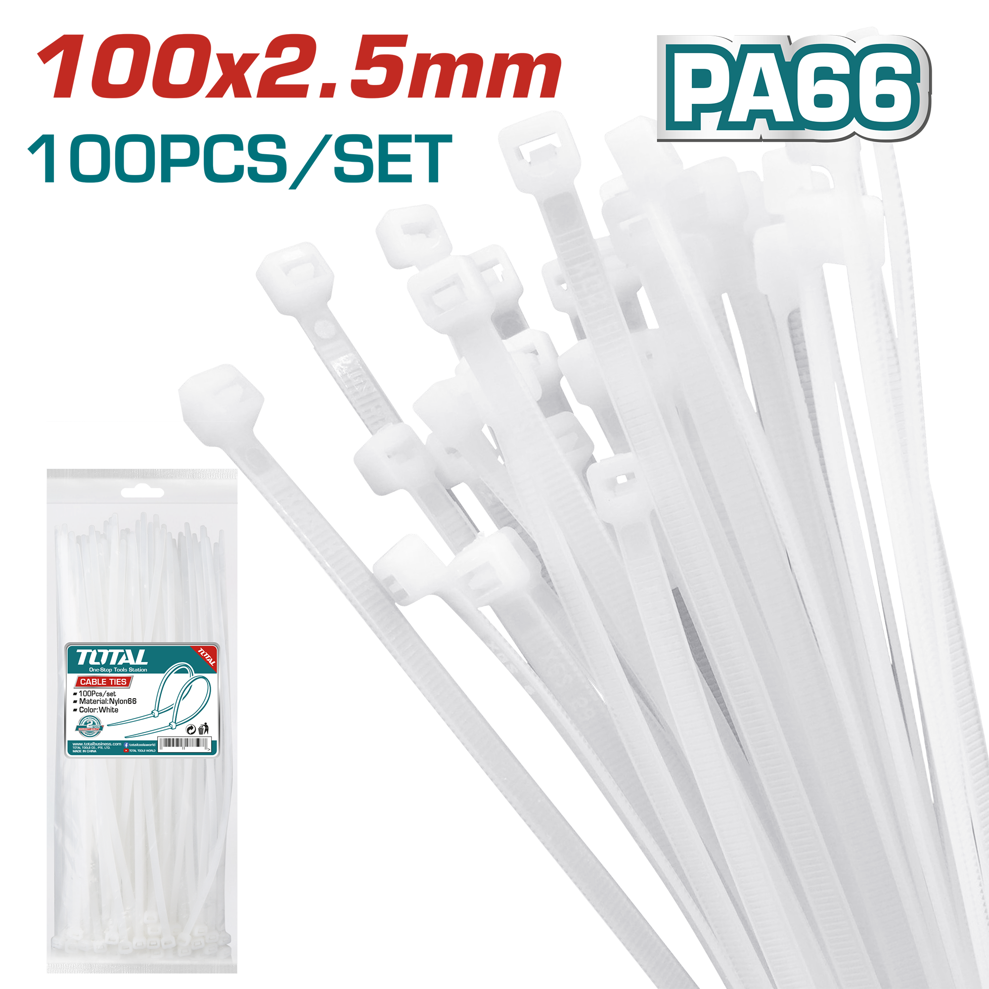 Bộ 100 dây rút nhựa trắng 100×2.5mm hiệu Total THTCT1001