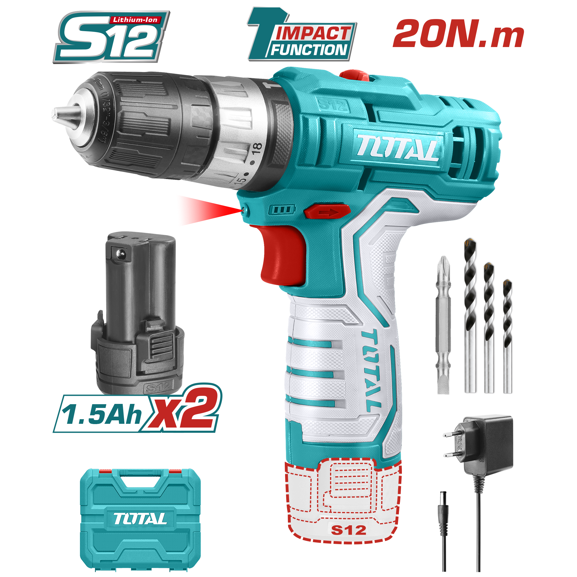 Bộ combo gồm máy khoan pin TIDLI12201 12V và bộ 45 tua vít, 16 mũi khoan