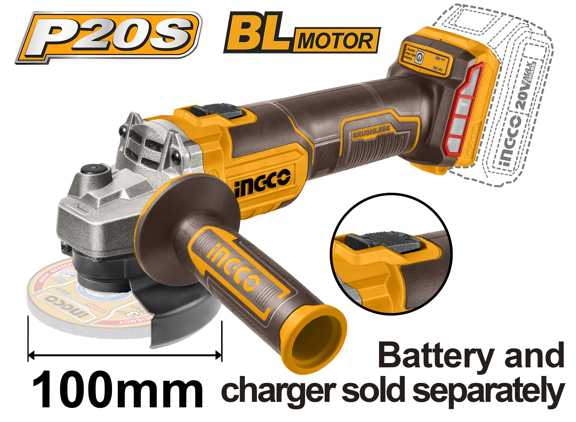 Máy mài góc dùng pin 20V (không bao gồm pin và sạc) – CAGLI201008