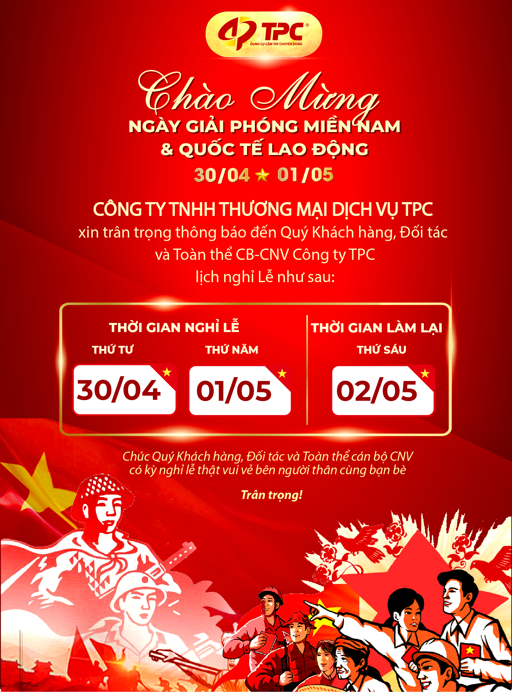 THÔNG BÁO NGHỈ LỄ 30.04-01.05.2025