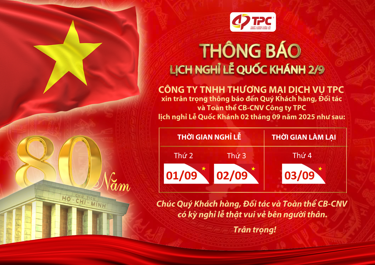 THÔNG BÁO LỊCH NGHỈ LỄ QUỐC KHÁNH 02/09