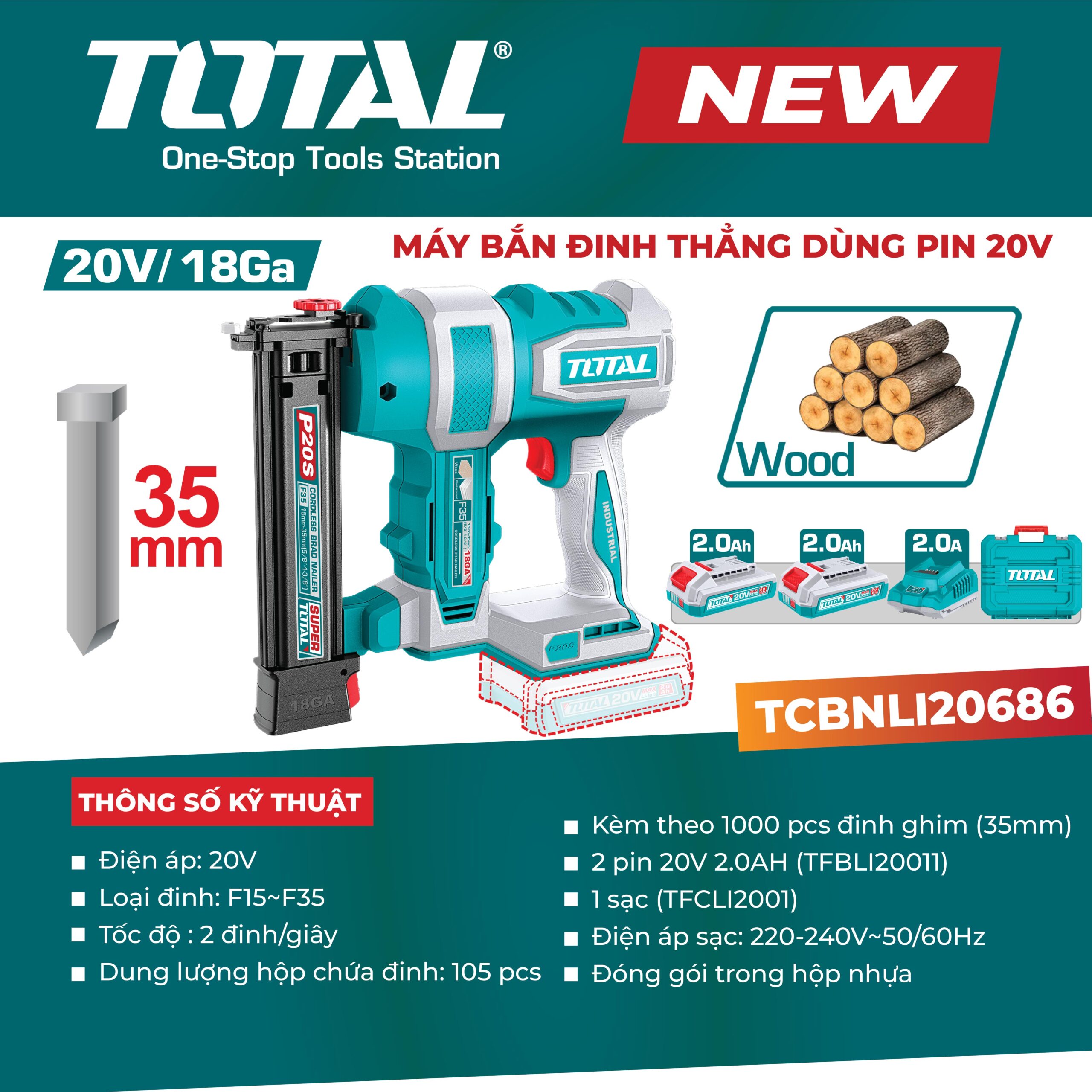 Máy bắn đinh thẳng dùng pin 20V TCBNLI20686