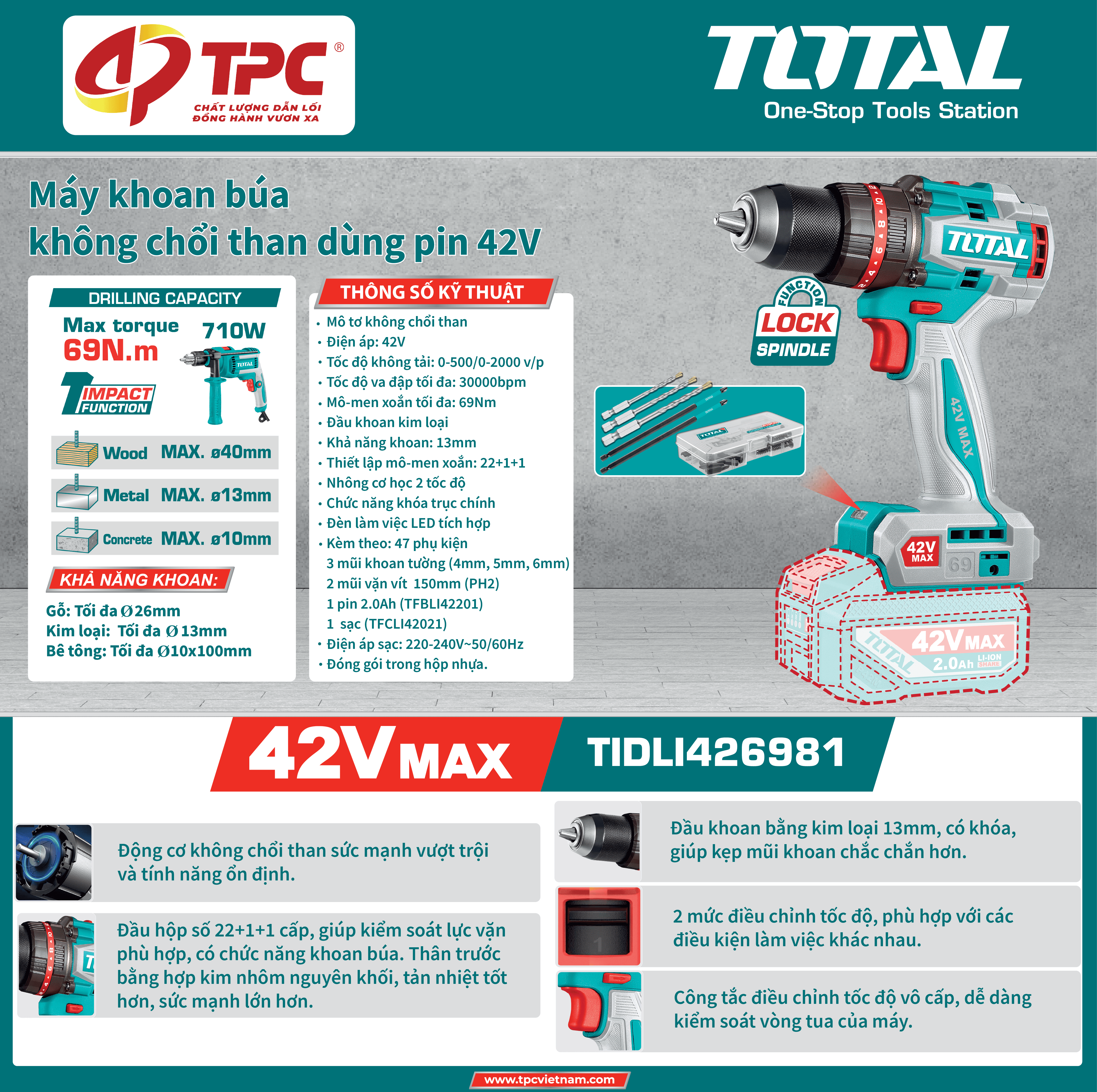 Máy Khoan Búa Không Chổi Than 42V Total-TIDL1426981