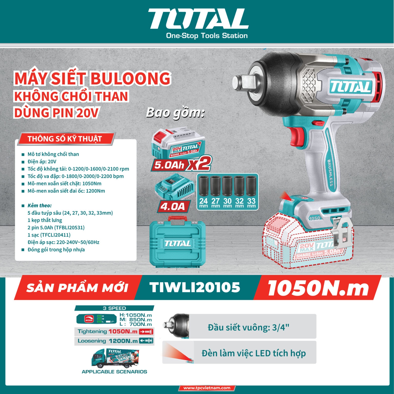 Máy Siết Bulông Không Chổi Than Total 20V - TIWLI20105