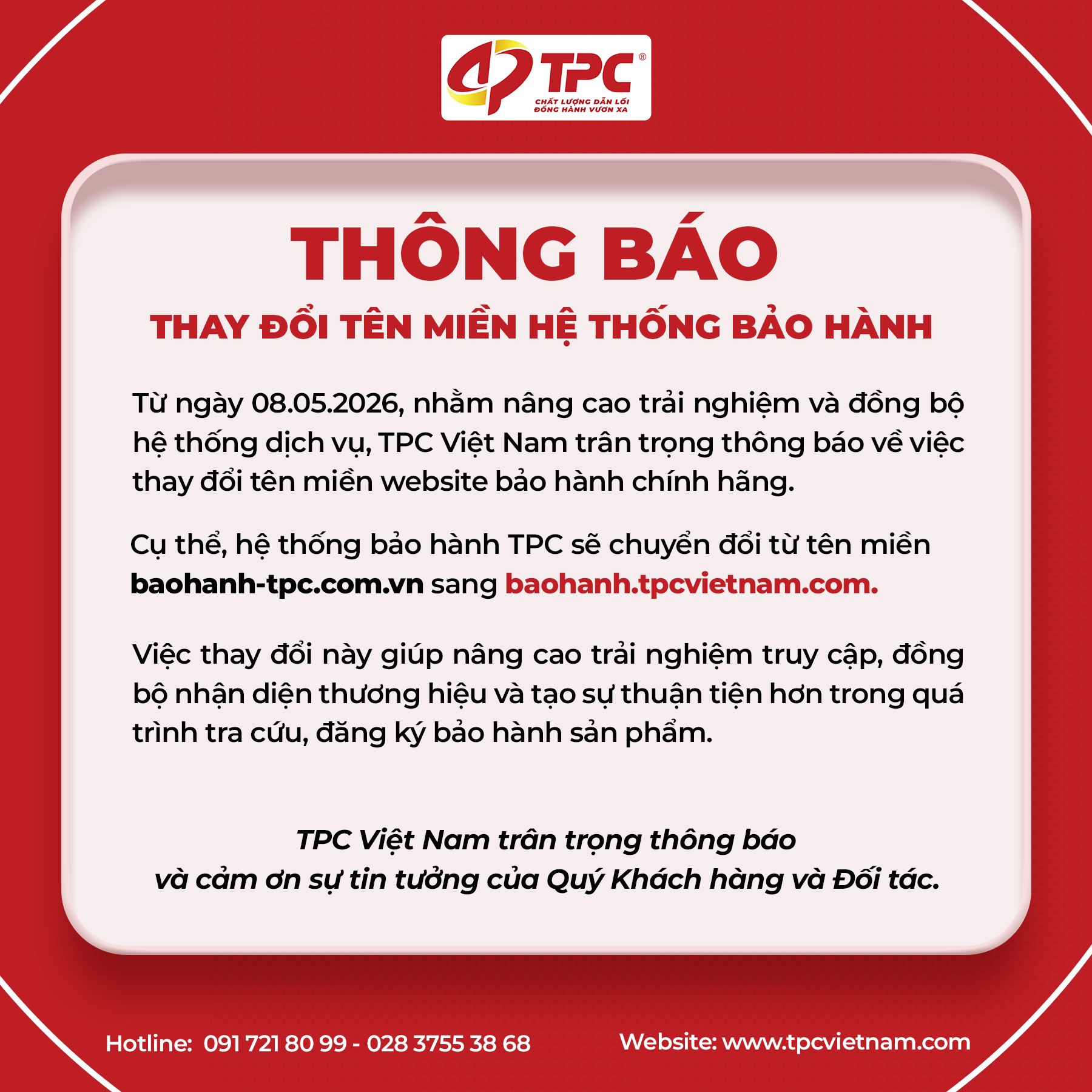 Thông Báo Thay Đổi Tên Miền Bảo Hành Hệ Thống Bảo Hành TPC