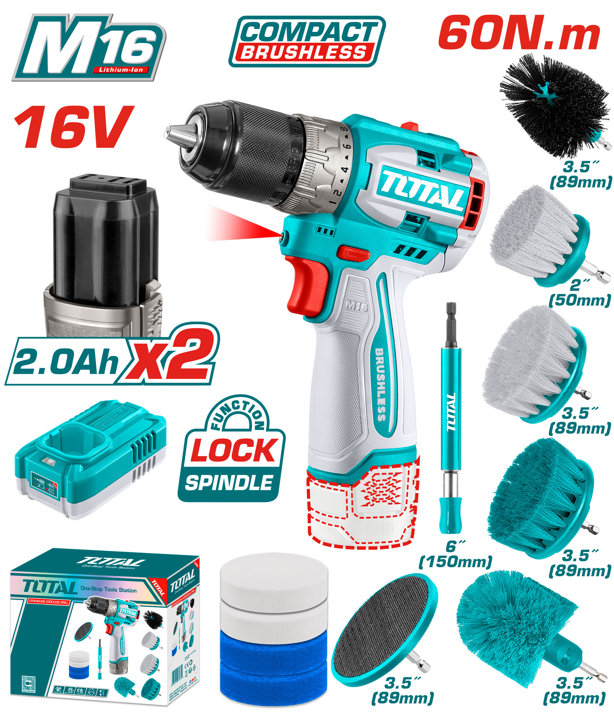 Bộ combo máy khoan TDLI16681 không chổi than dùng pin 16V & 11 bàn chải TACB1101