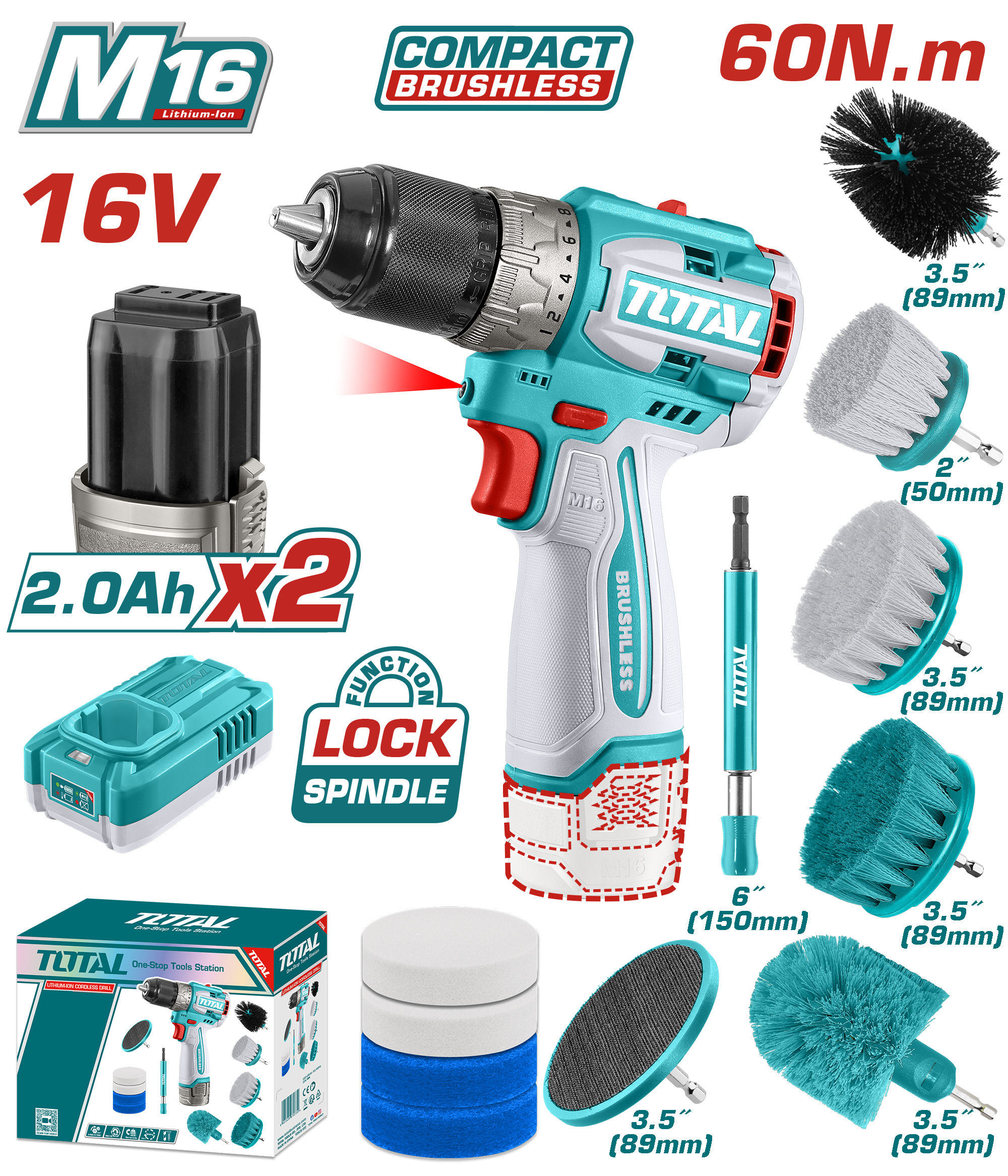 Bộ combo máy khoan TDLI16681 không chổi than dùng pin 16V & 11 bàn chải TACB1101
