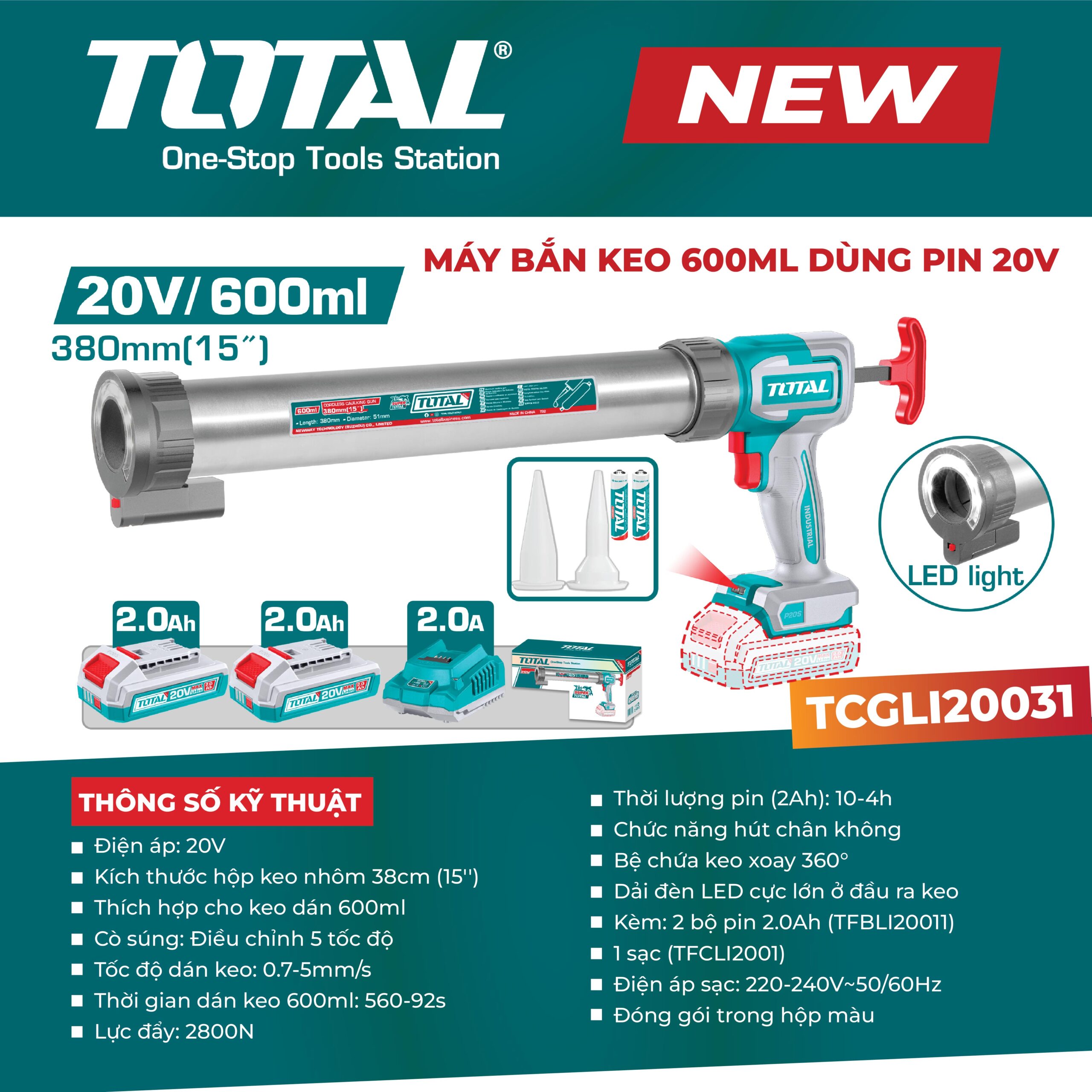 Máy bắn keo 600ml dùng pin 20V TCGLI20031