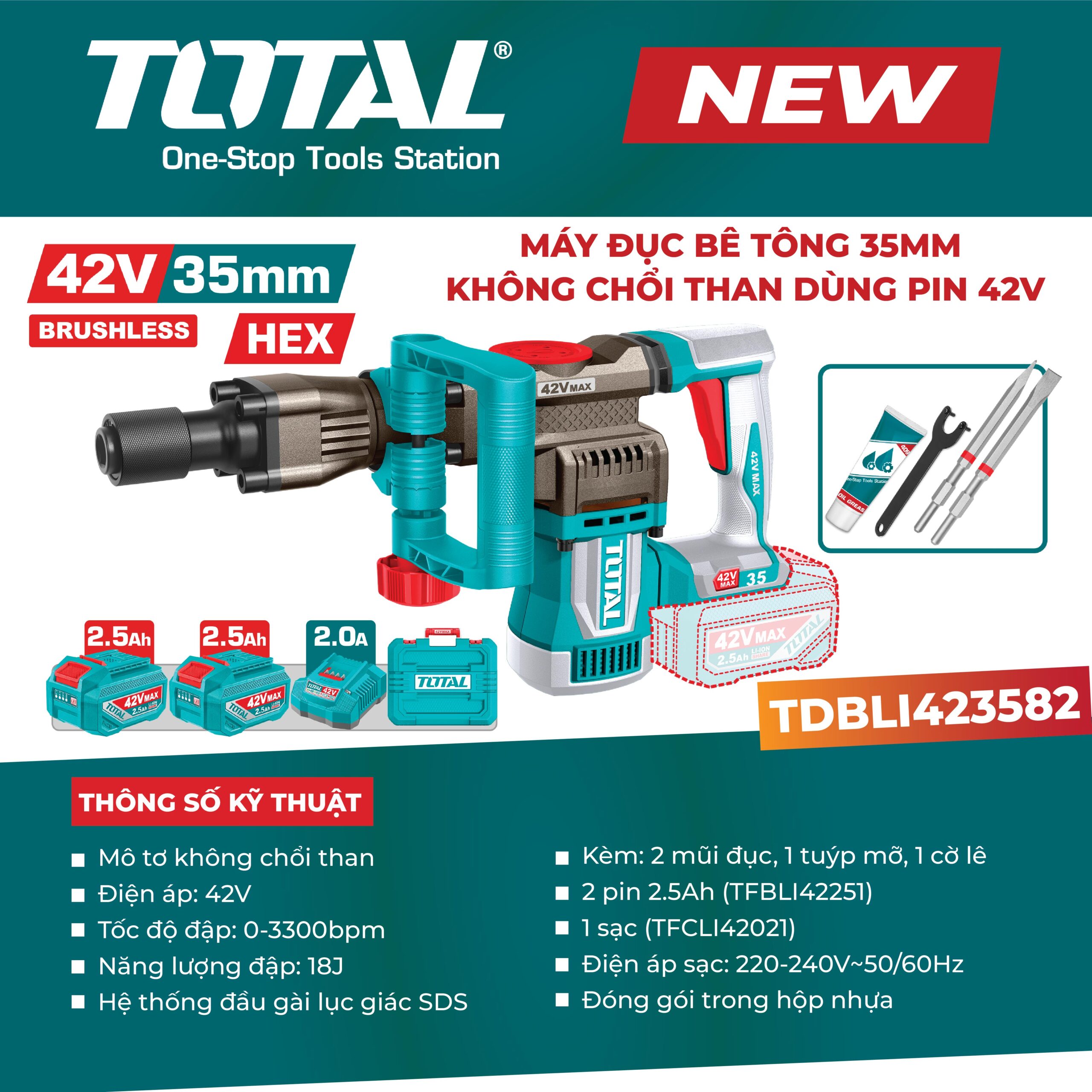 Máy đục bê tông không chổi than dùng pin 42V TDBLI423582