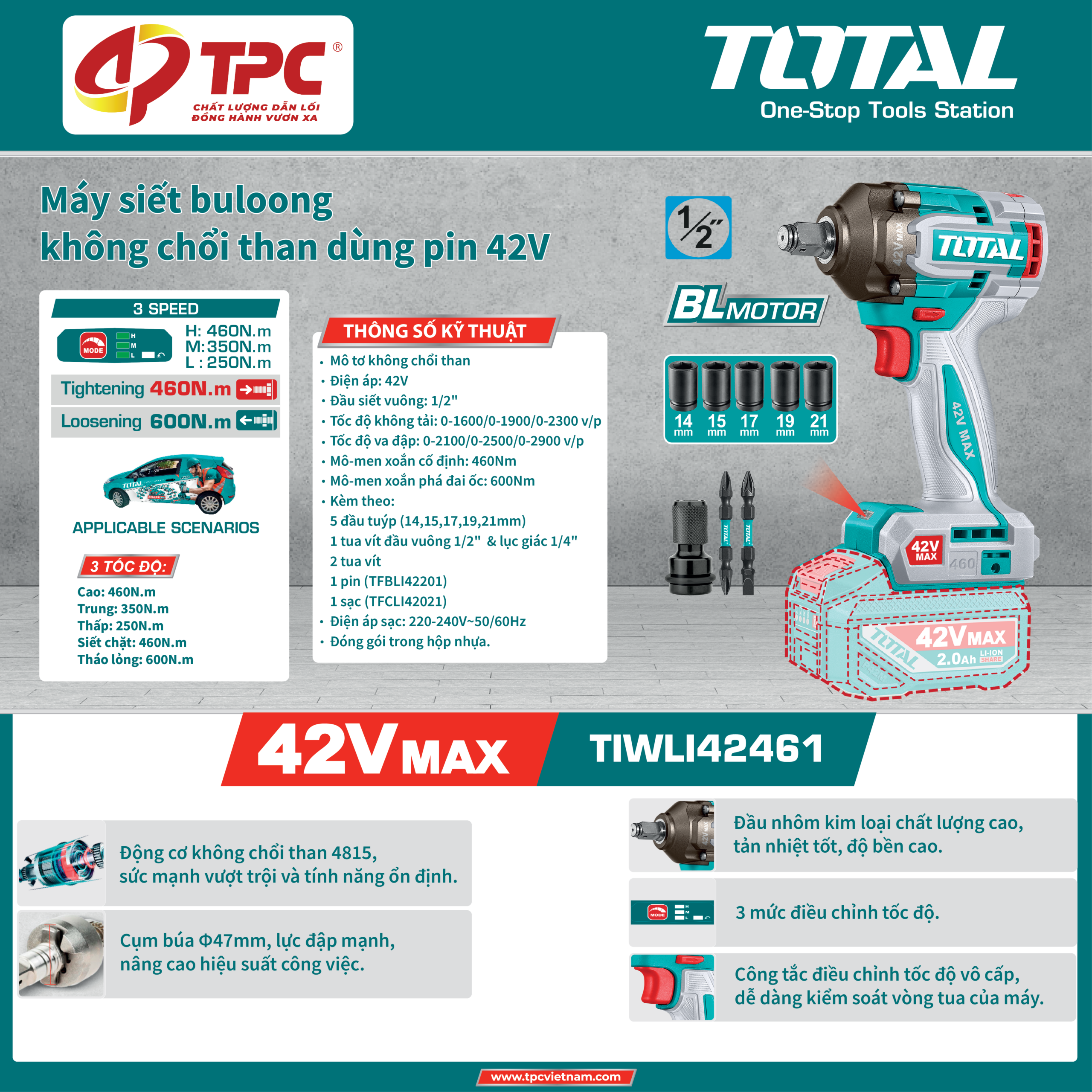 Máy siết buloong không chổi than dùng pin 42V TIWLI42461