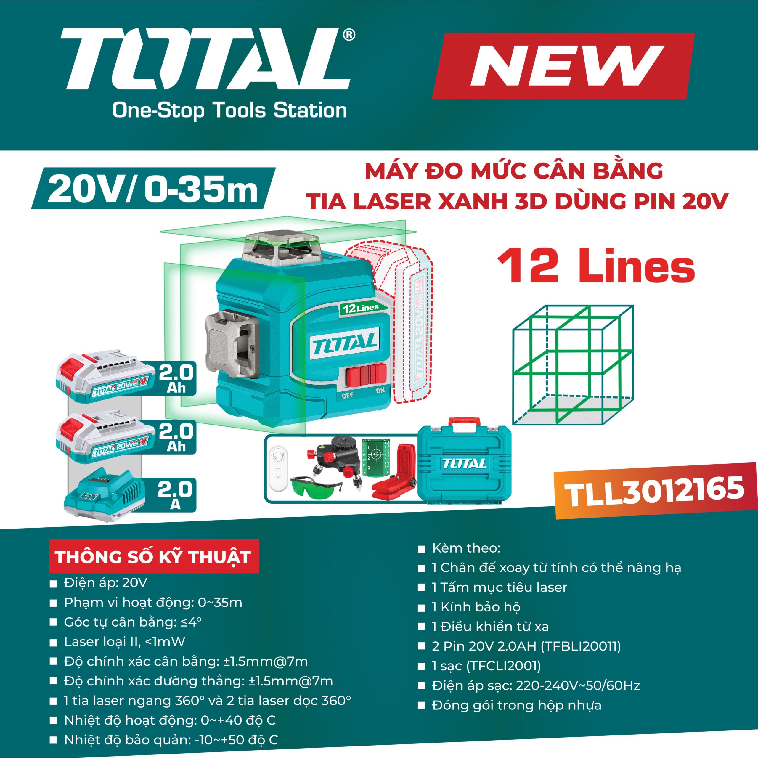 Máy đo mức cân bằng tia laser xanh 3D dùng pin 20V TLL3012165