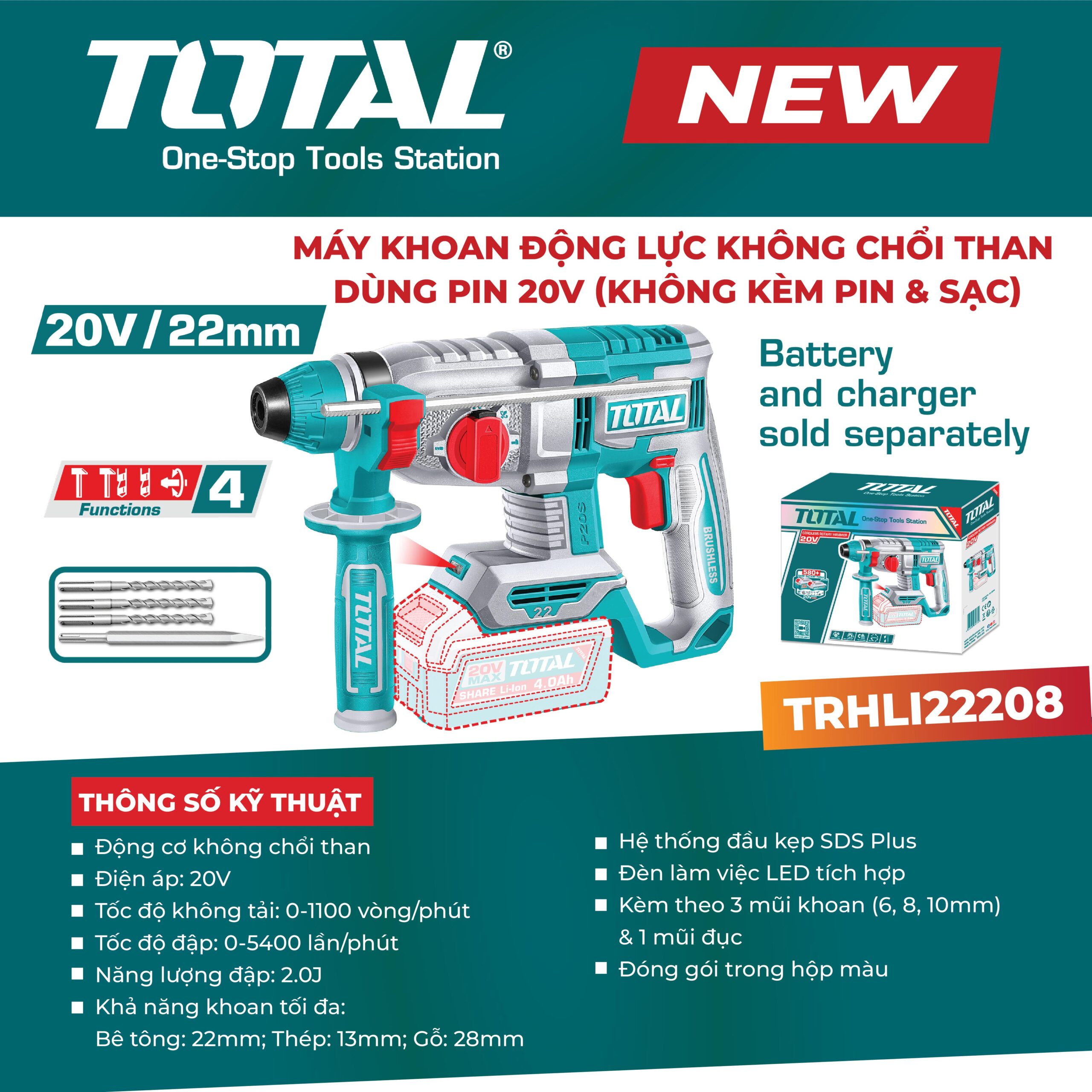 Máy khoan động lực không chổi than dùng pin 20V (không kèm pin & sạc) TRHLI22208