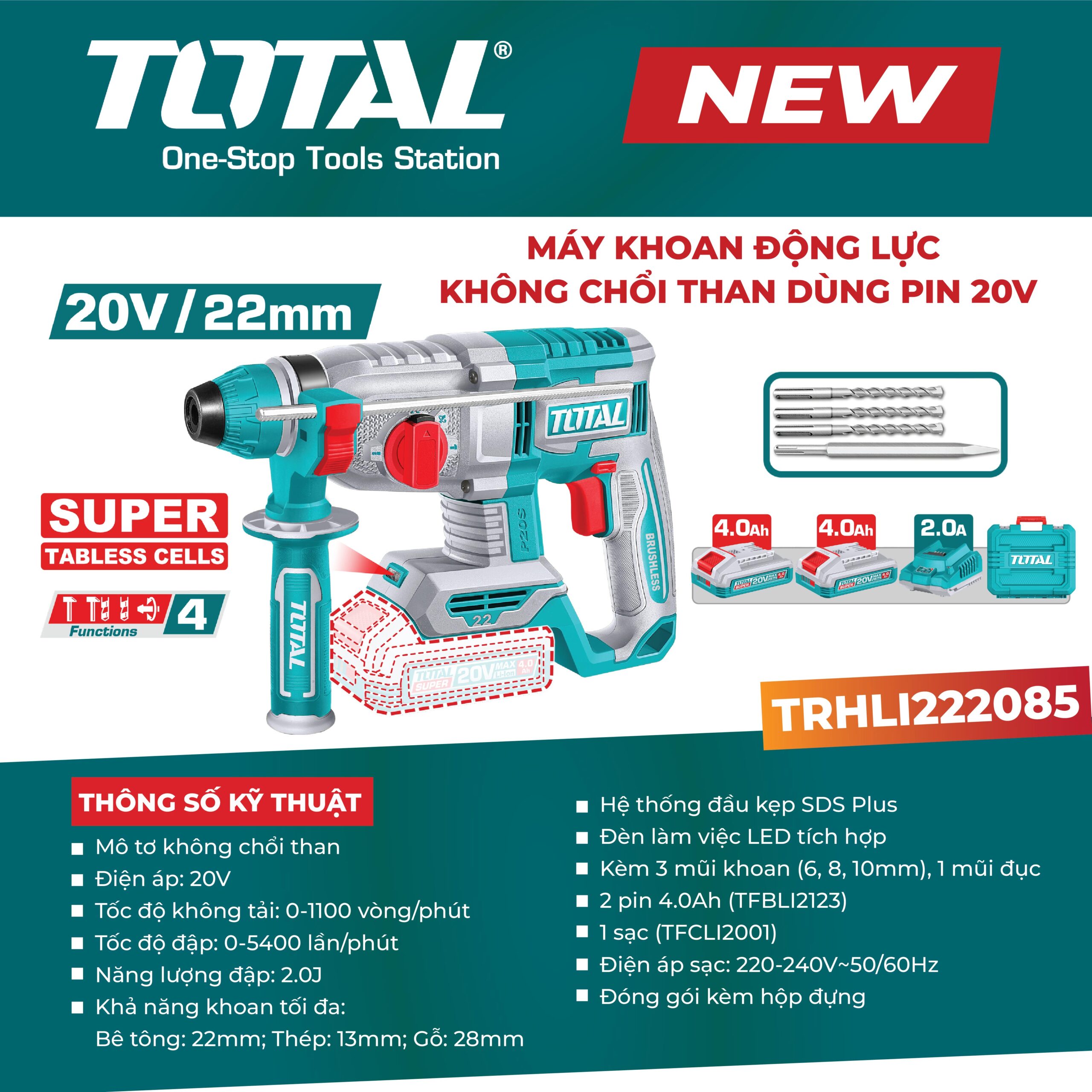 Máy khoan động lực không chổi than dùng pin 20V TRHLI222085