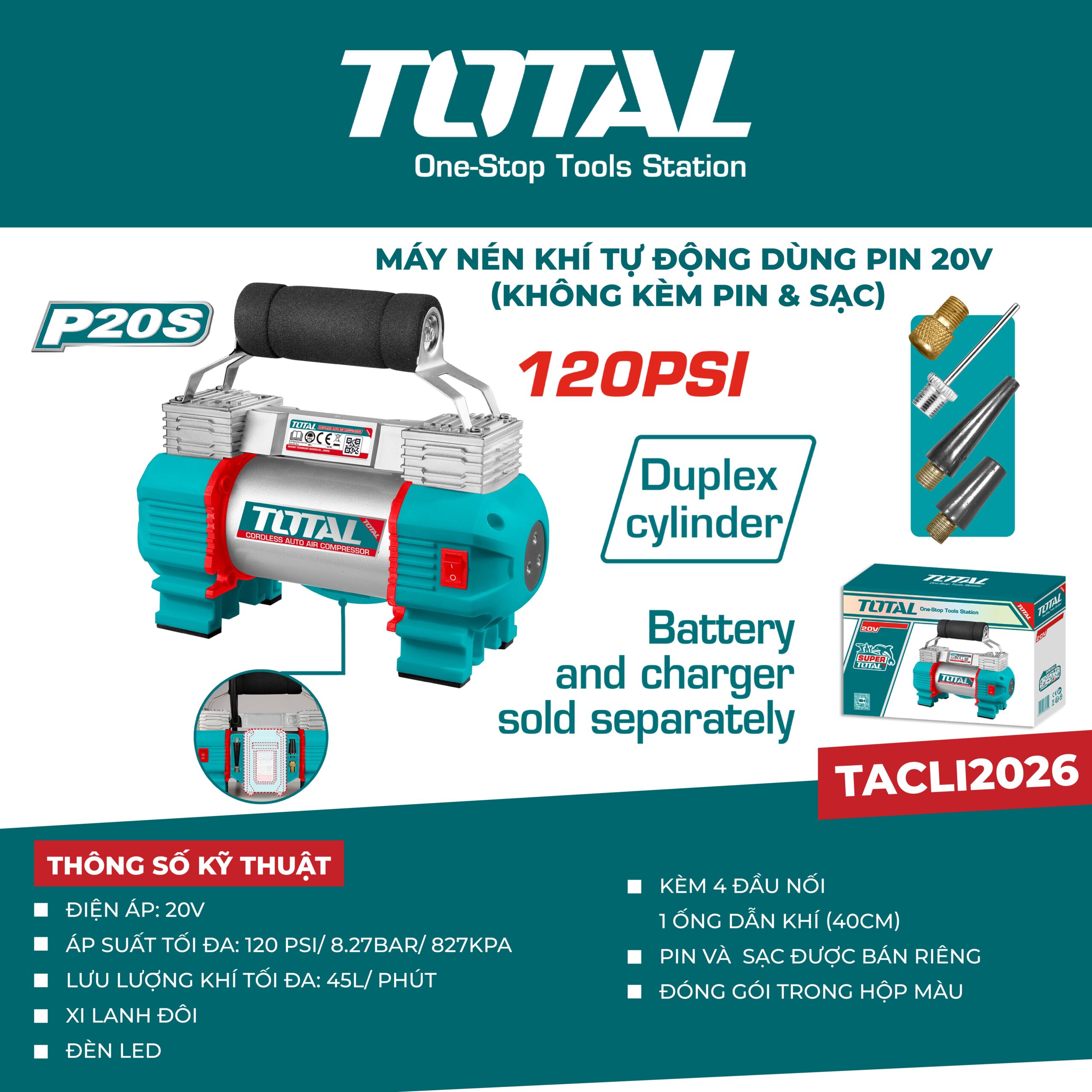 Máy nén khí tự động dùng pin 20V (không kèm pin & sạc) TACLI2026