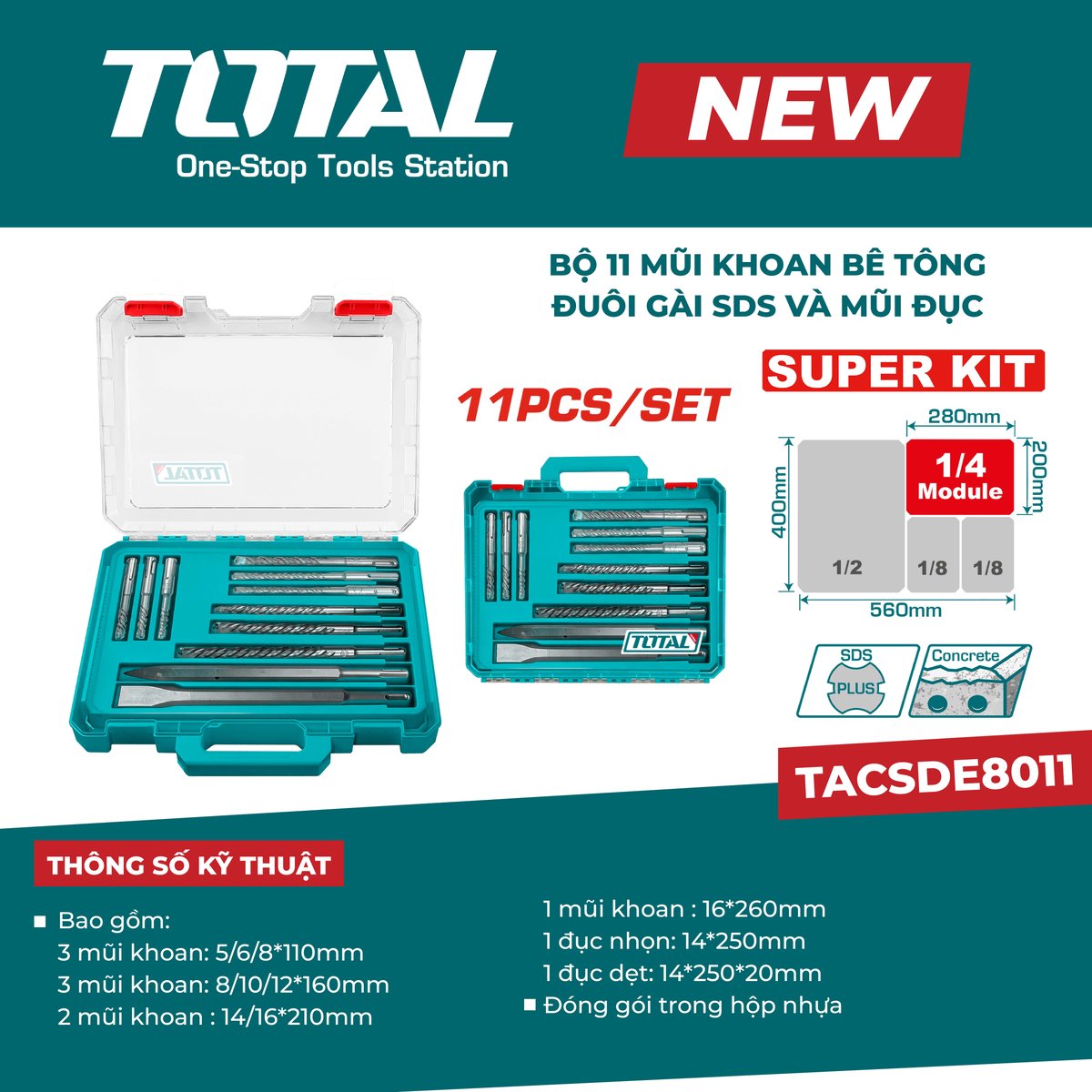 Bộ 11 mũi khoan bê tông đuôi gài SDS và mũi đục TACSDE8011