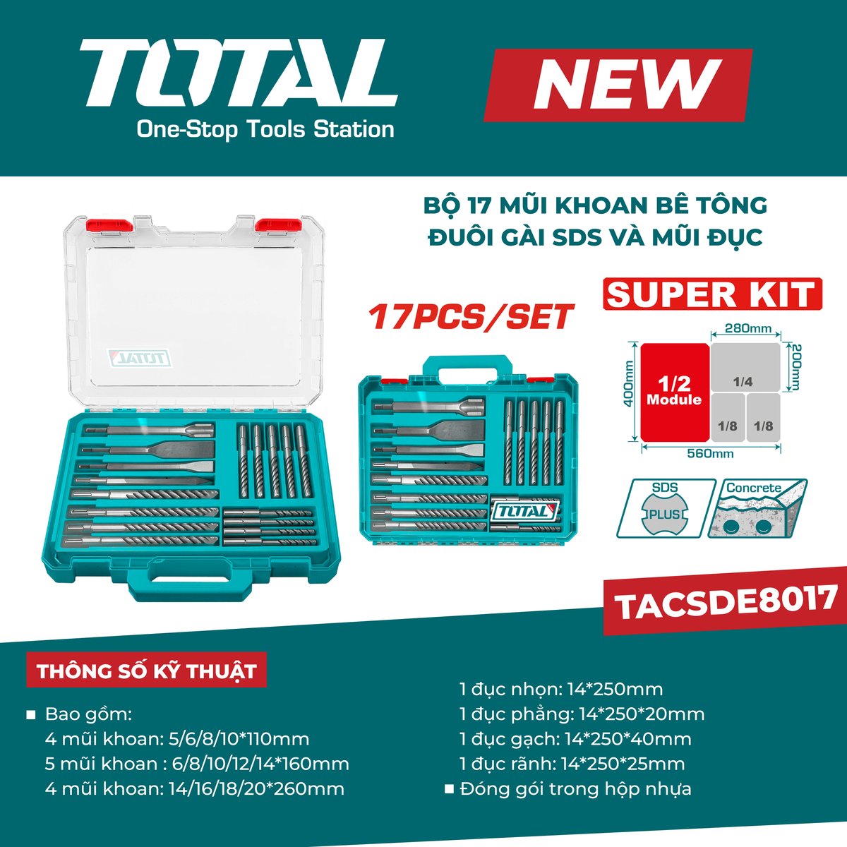 Bộ 17 mũi khoan bê tông đuôi gài SDS và mũi đục TACSDE8017