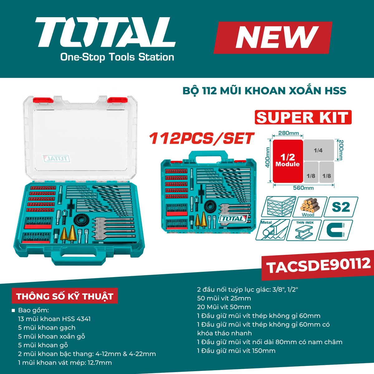 Bộ 112 mũi khoan xoắn HSS TACSDE90112