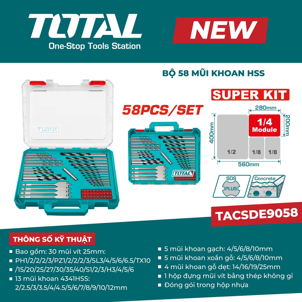 Bộ 58 mũi khoan HSS TACSDE9058