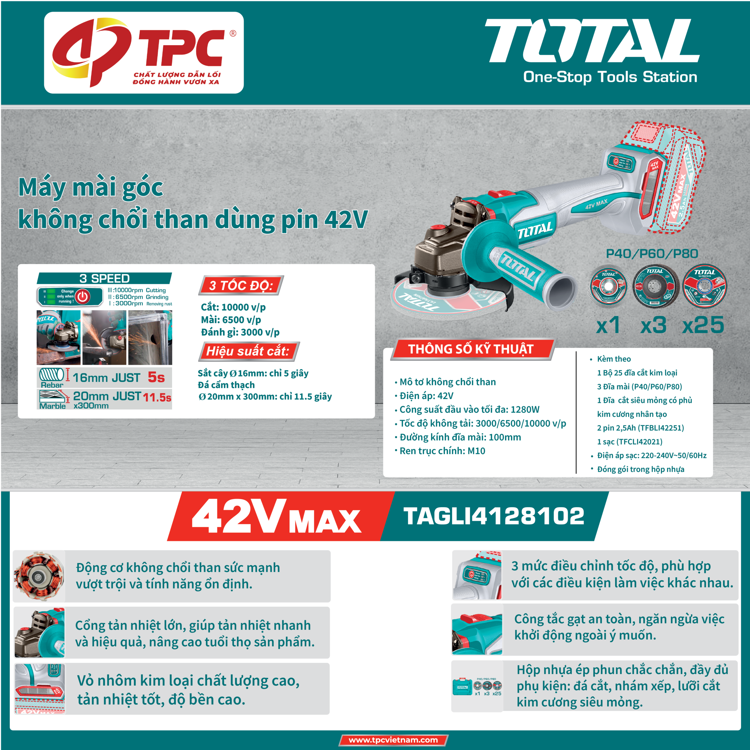 Máy Mài Góc Không Chổi Than Dùng Pin 42V Total – TAGLI4128102