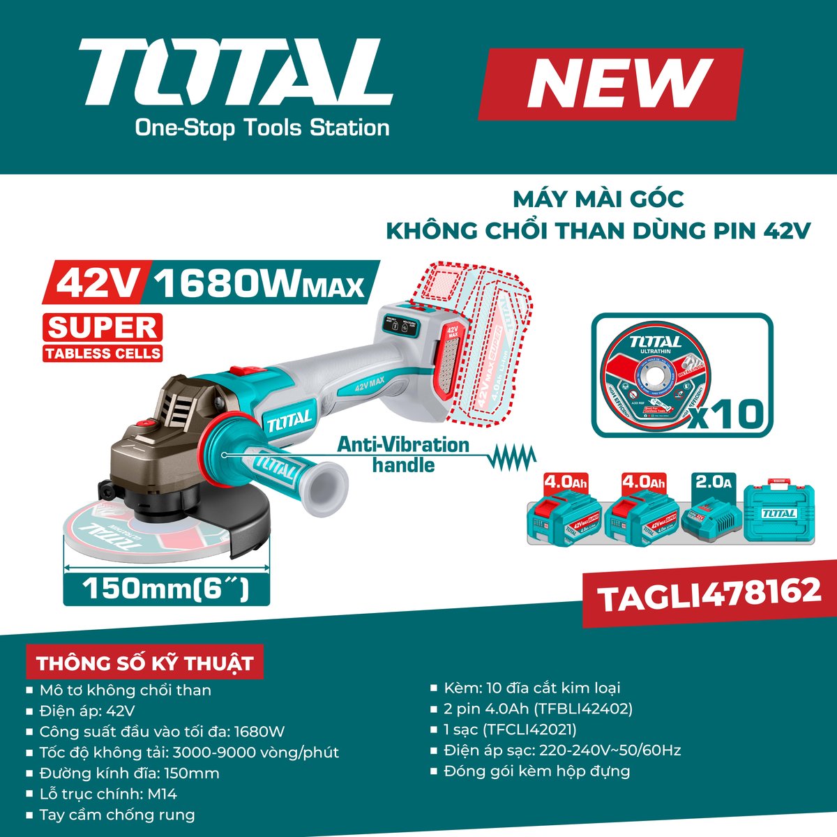 Máy mài góc không chổi than dùng pin 42V TAGLI478162
