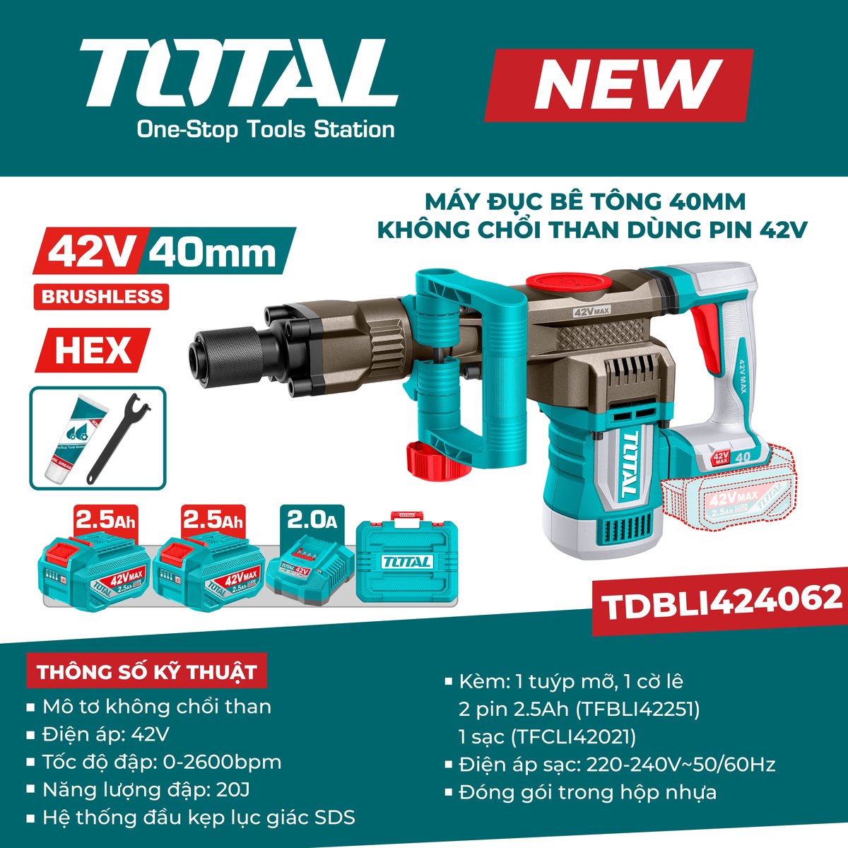 Máy đục bê tông 40mm không chổi than dùng pin 42V TDBLI424062