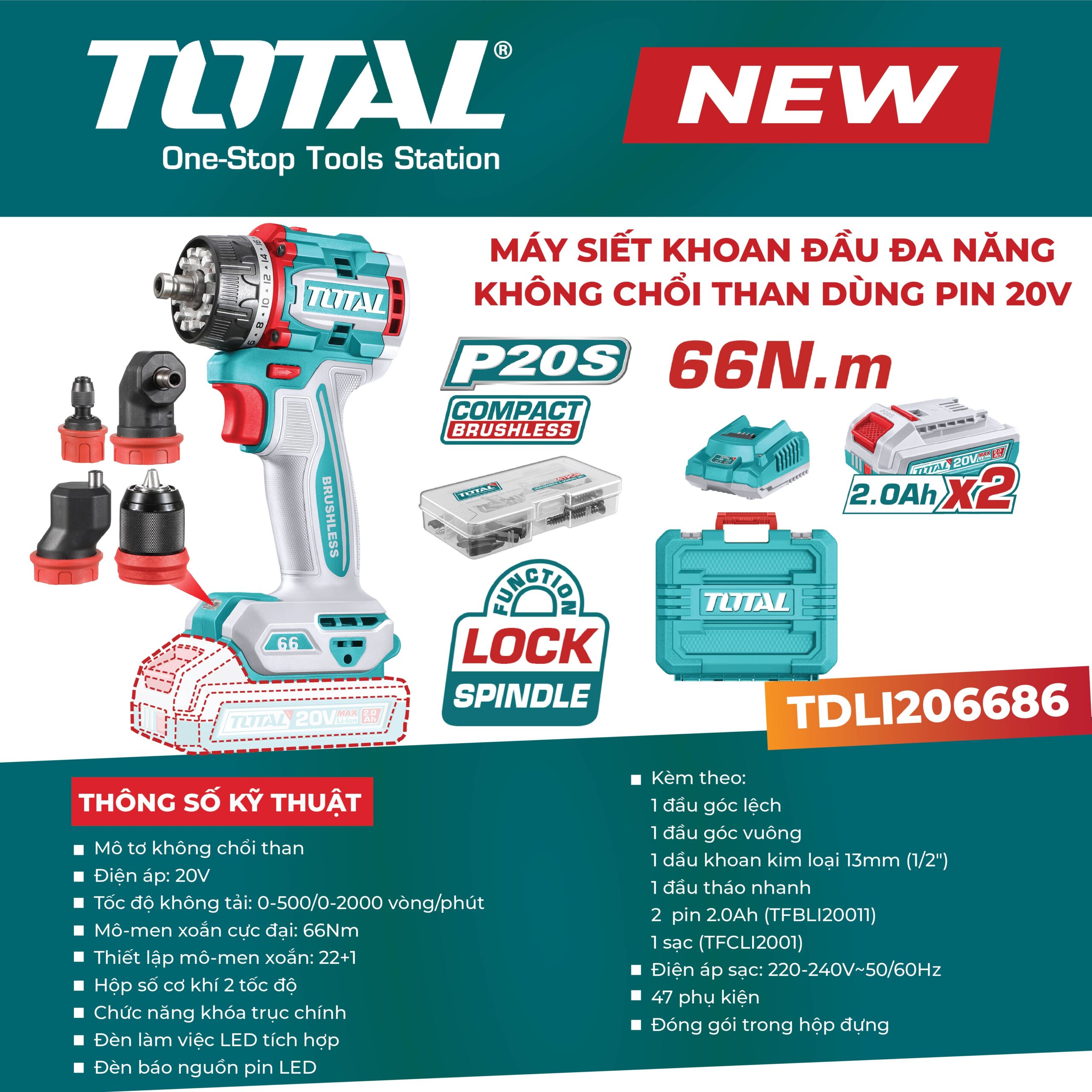Máy siết khoan đầu đa năng không chổi than dùng pin 20V TDLI206686