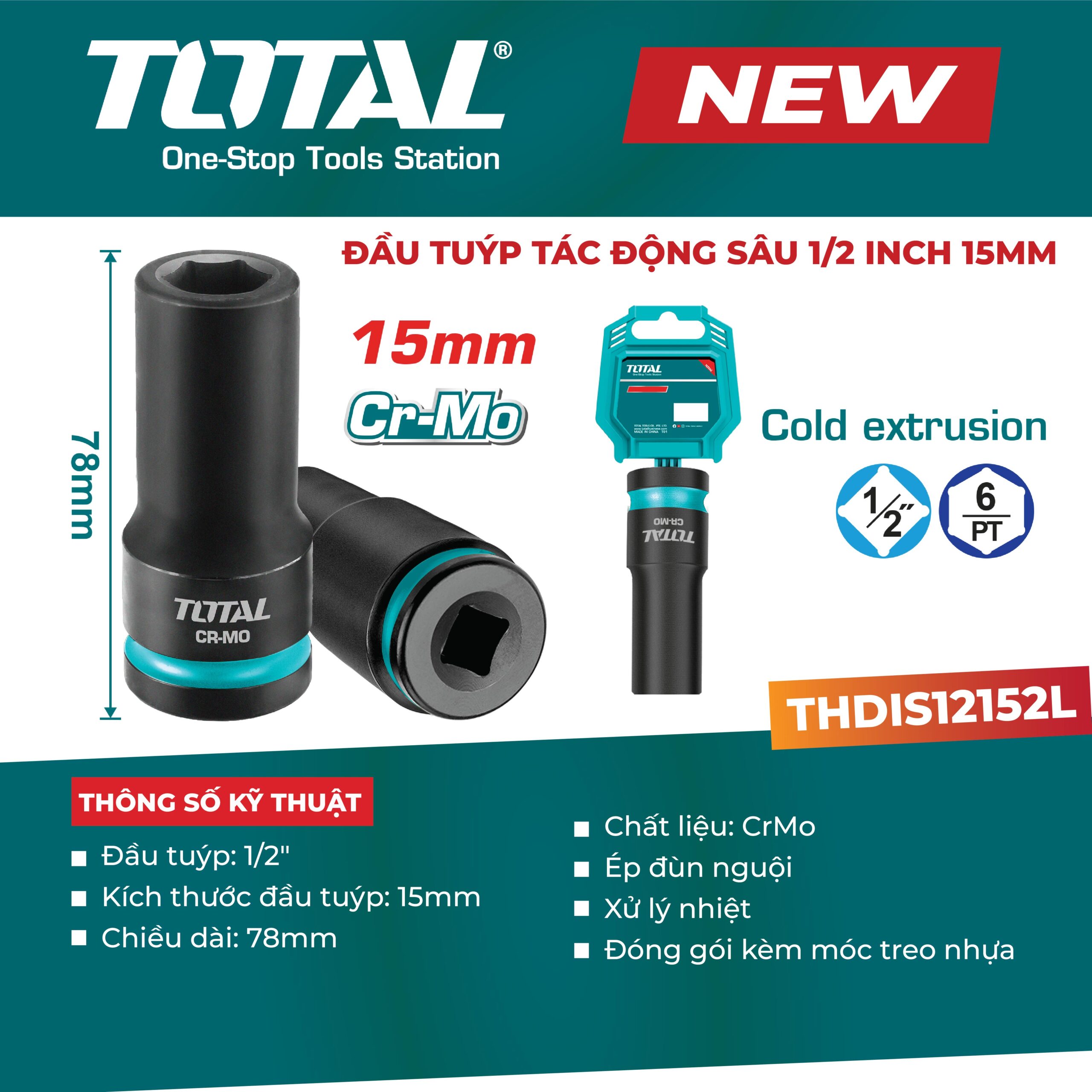 Đầu tuýp lục giác sâu 1/2″ 15mm dùng cho máy siết bu lông THDIS12152L