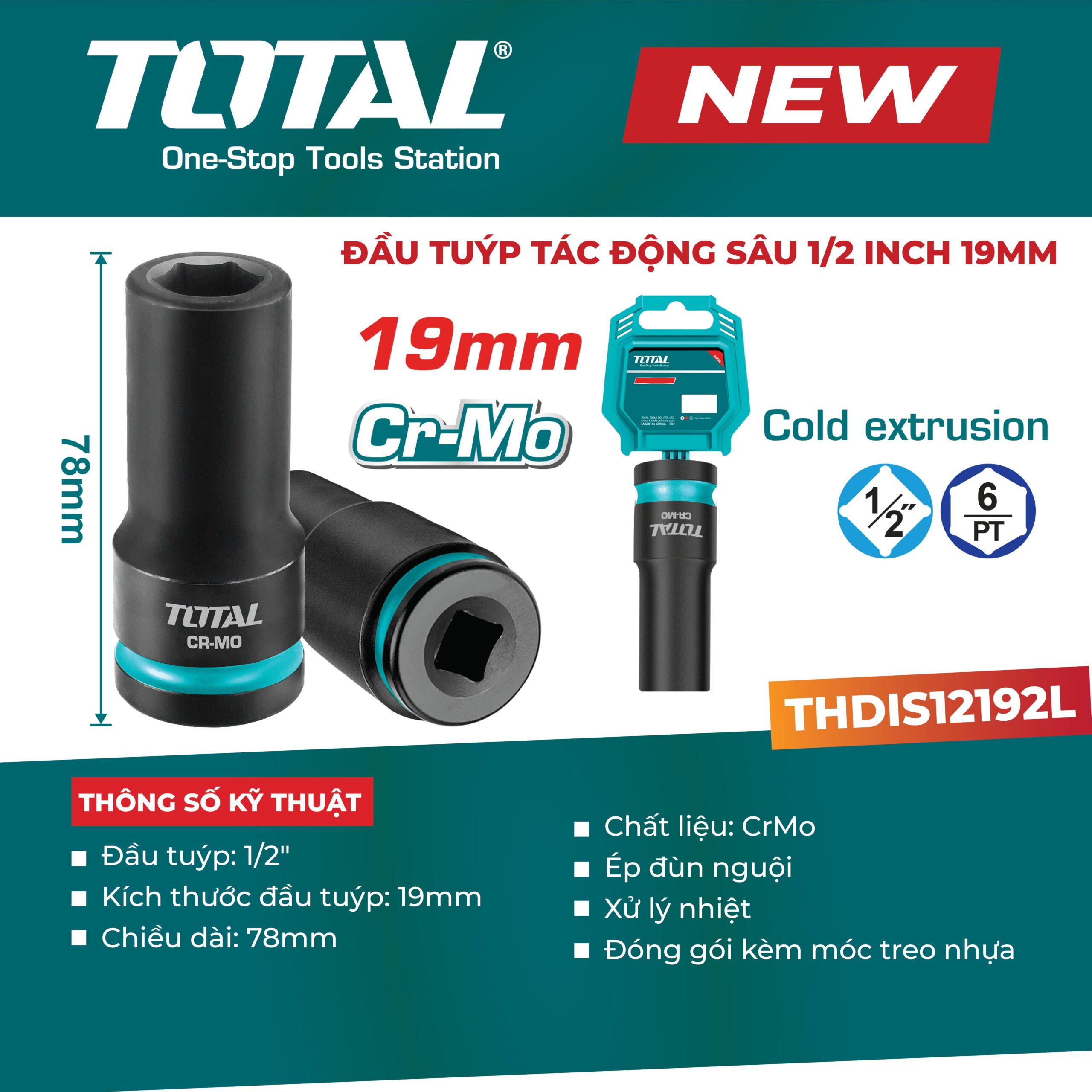 Đầu tuýp lục giác sâu 1/2″ 19mm dùng cho máy siết bu lông THDIS12192L