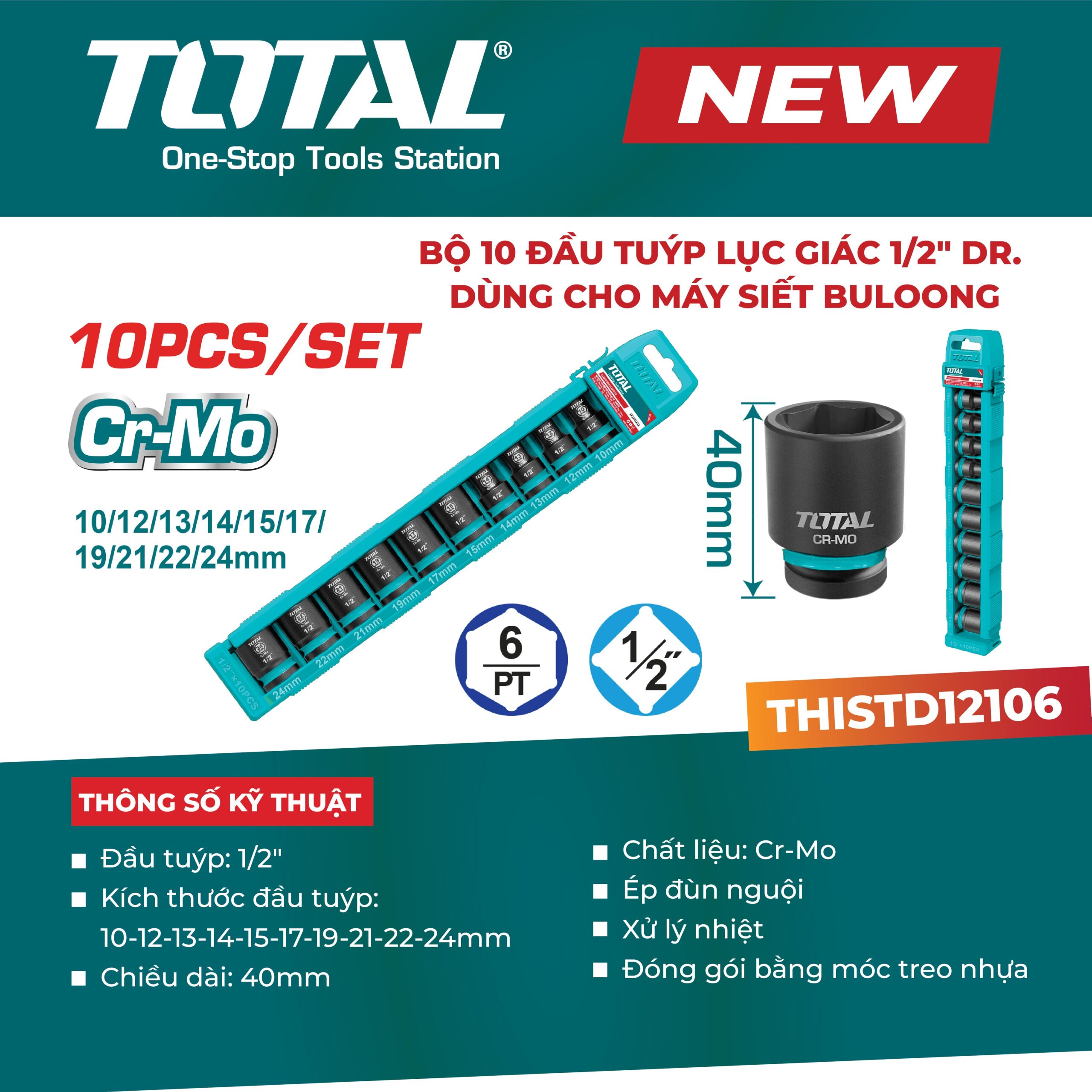 Bộ 10 đầu tuýp lục giác 1/2″ dùng cho máy siết bu lông THISTD12106