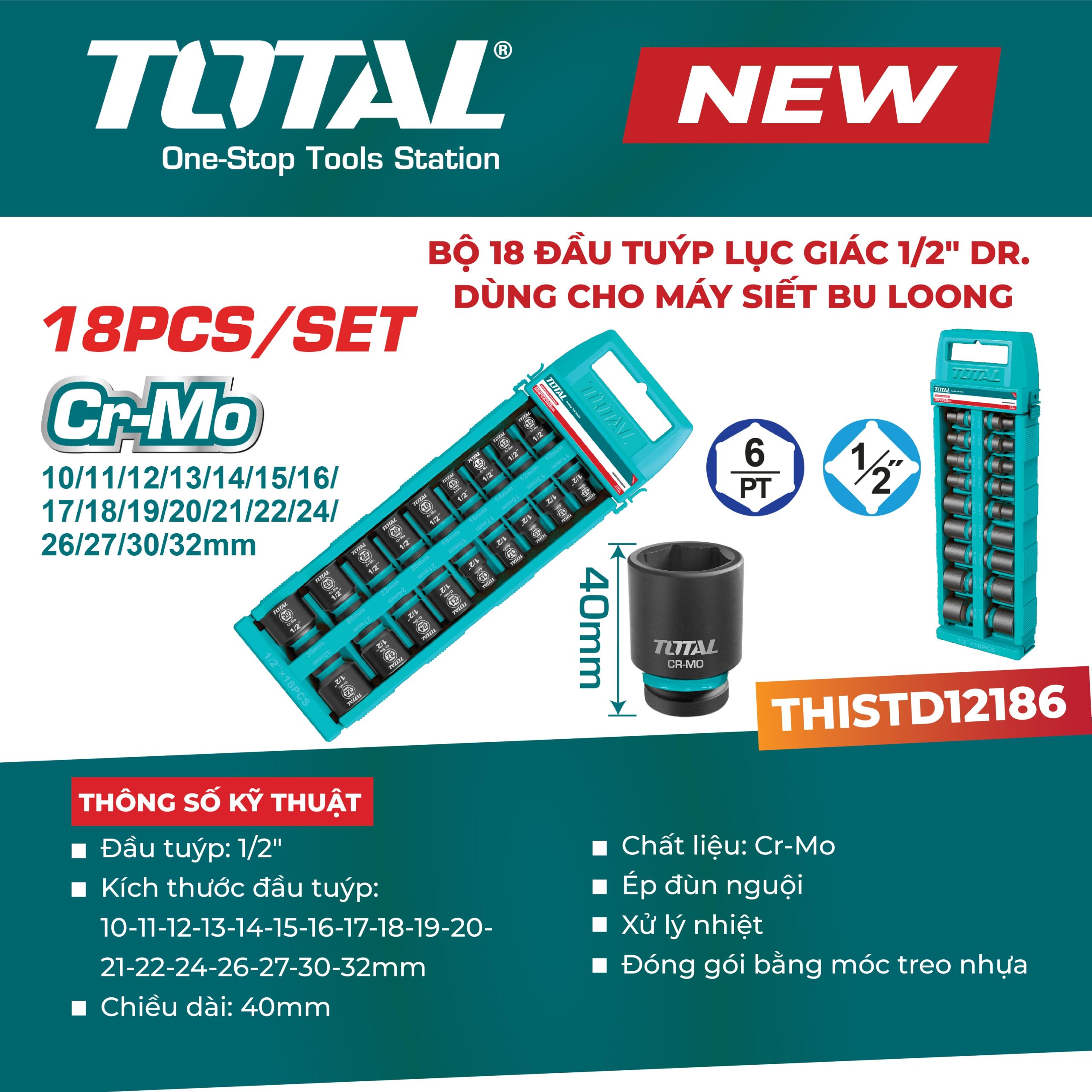 Bộ 18 đầu tuýp lục giác 1/2″ dùng cho máy siết bu lông THISTD12186