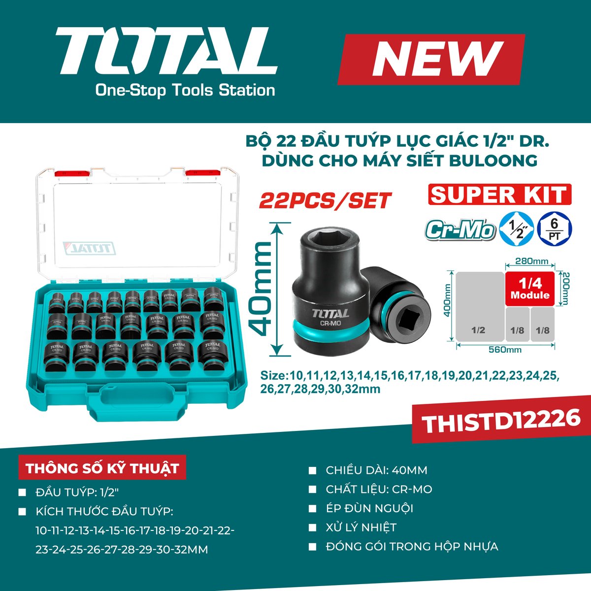Bộ 22 đầu tuýp lục giác 1/2