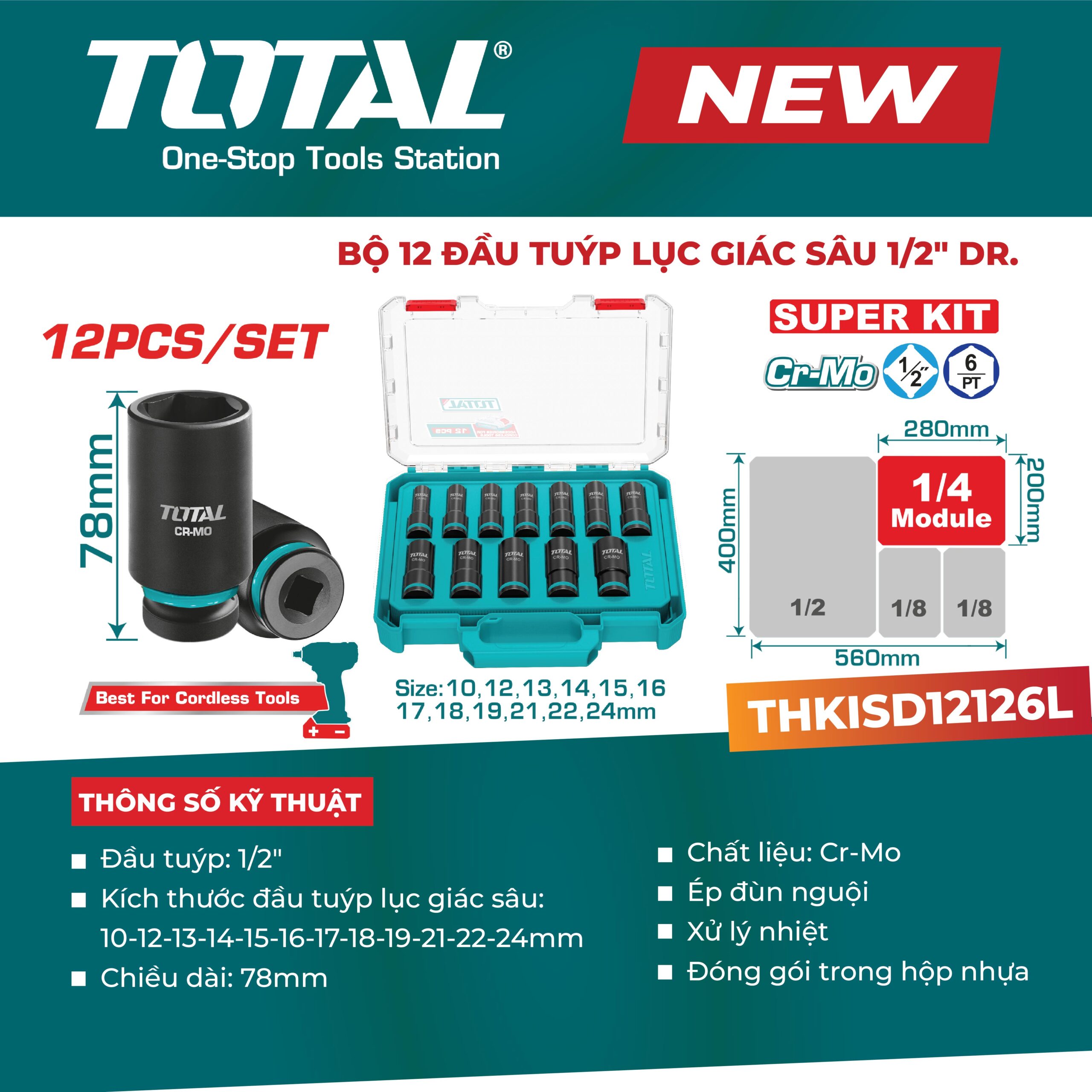 Bộ 12 đầu tuýp lục giác sâu 1/2″ TOTAL THKISD12126L