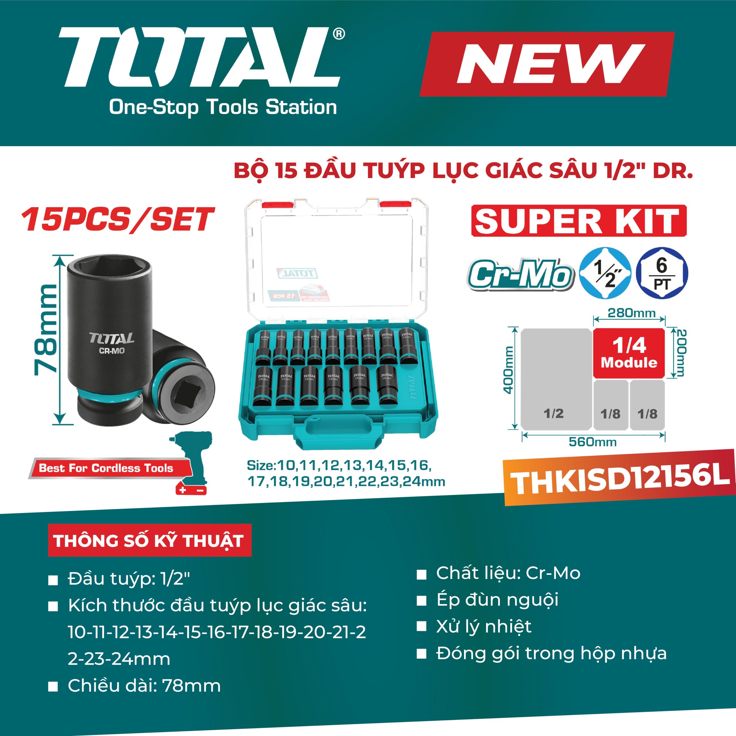 Bộ 15 đầu tuýp lục giác sâu 1/2″ (10-24mm) THKISD12156L