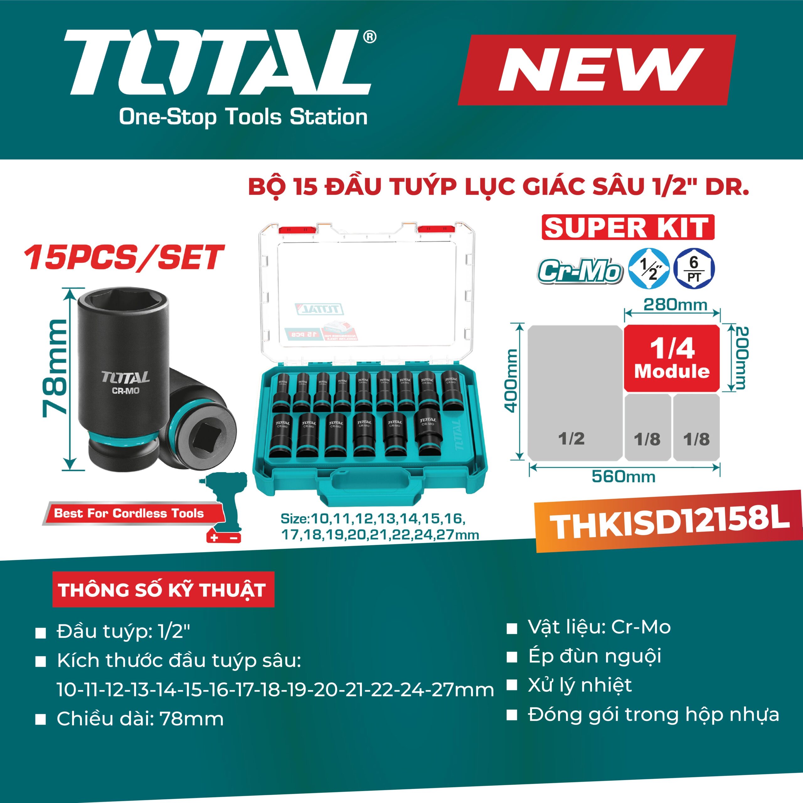 Bộ 15 đầu tuýp lục giác sâu 1/2″ (10-27mm) THKISD12158L