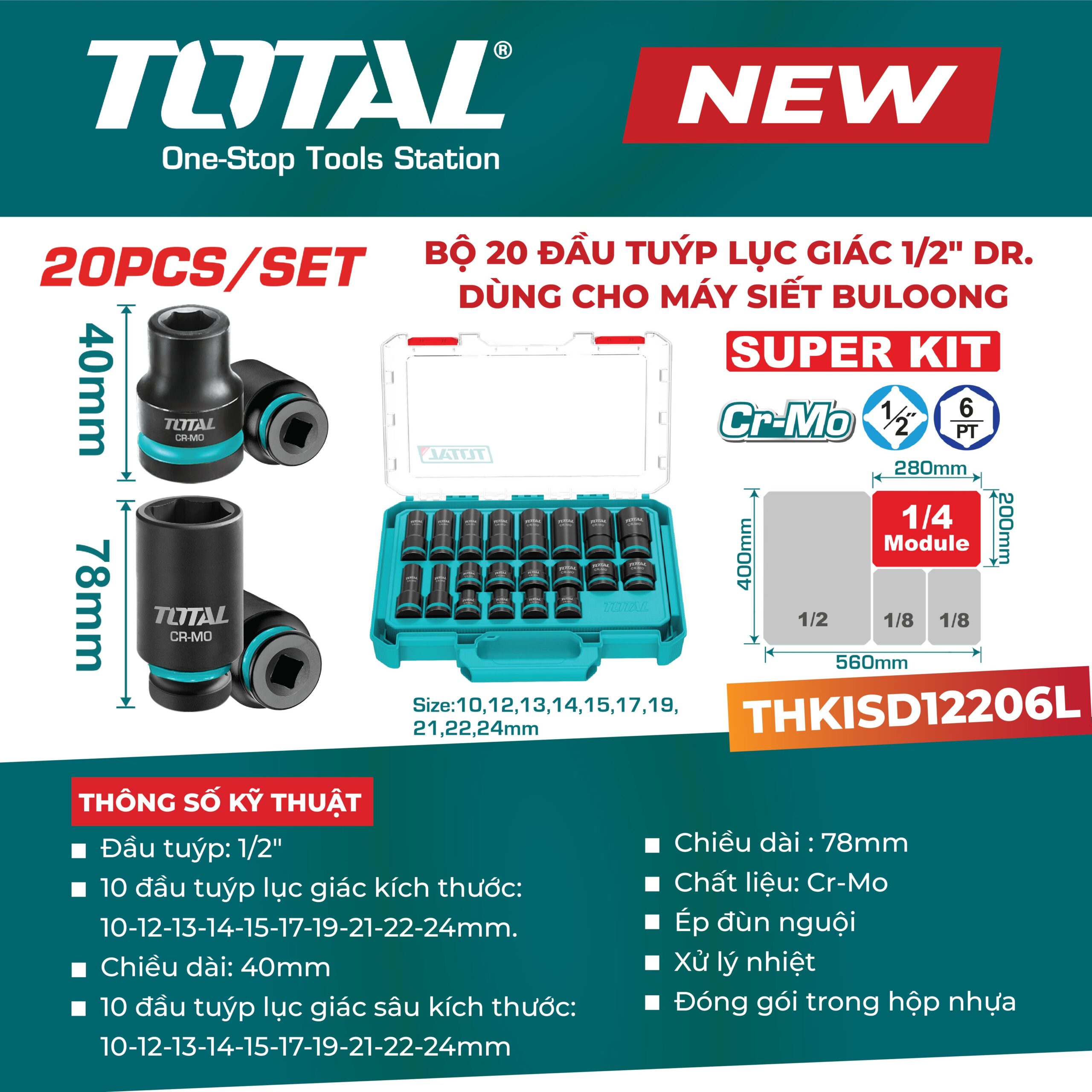Bộ 20 đầu tuýp lục giác 1/2″ dùng cho máy siết bu lông THKISD12206L