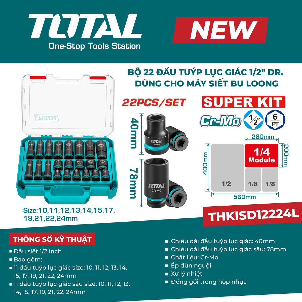 Bộ 22 đầu tuýp lục giác 1/2″ DR. dùng cho máy siết bu loong THKISD12224L
