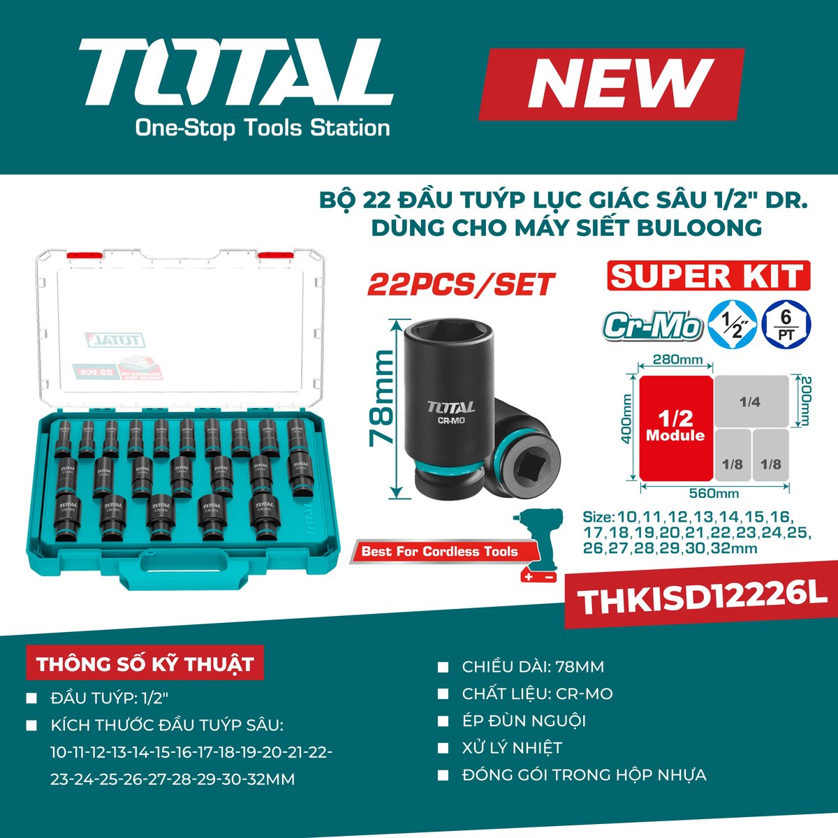 Bộ 22 đầu tuýp lục giác sâu 1/2