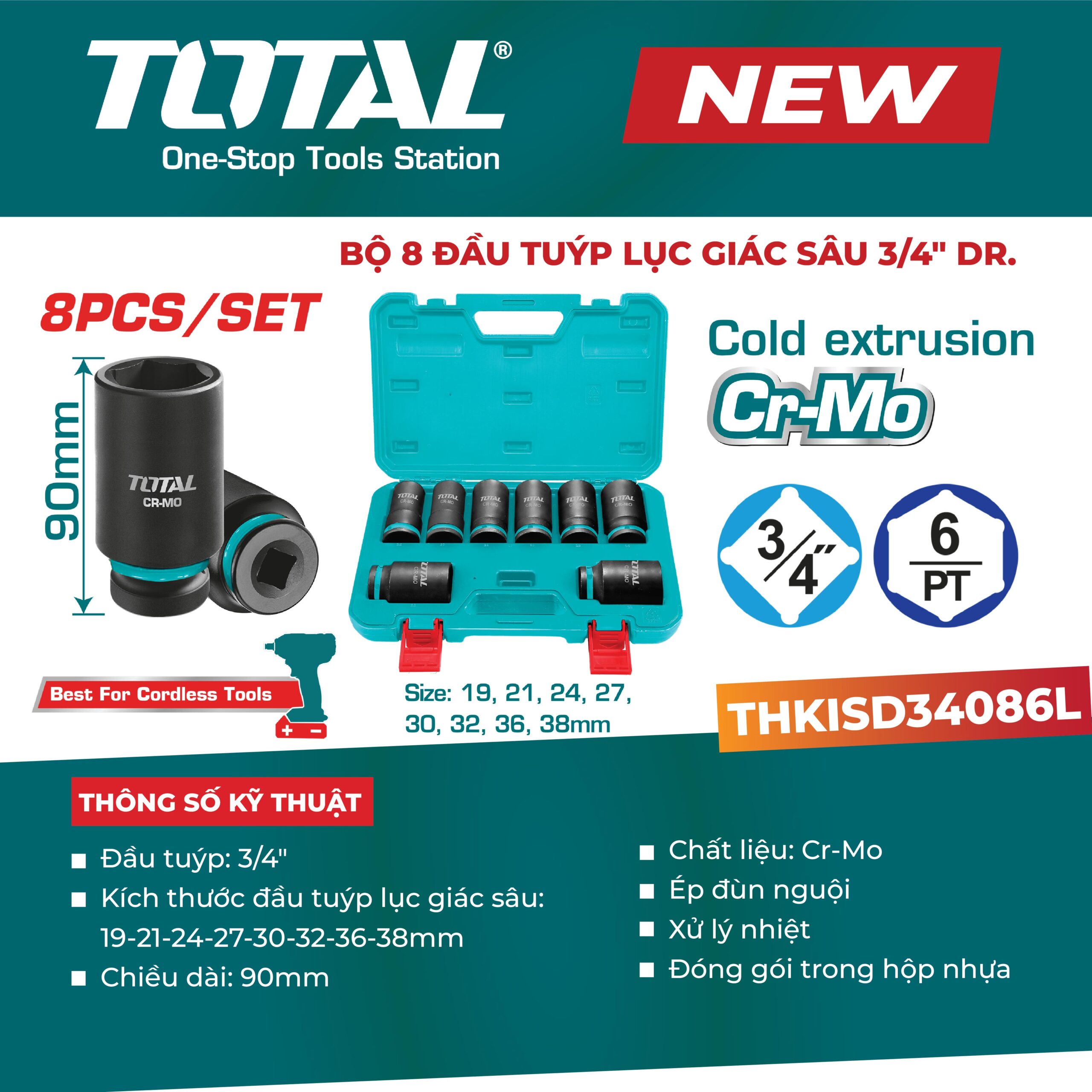 Bộ 8 đầu tuýp lục giác sâu 3/4″ THKISD34086L