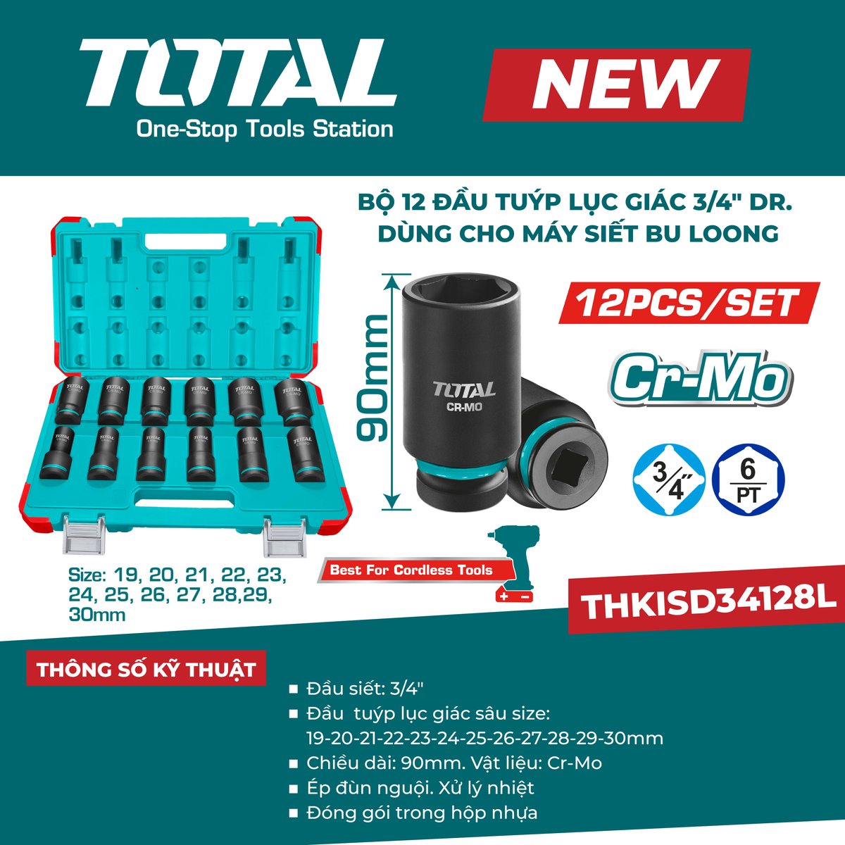 Bộ 12 đầu tuýp lục giác 3/4″ DR. dùng cho máy siết bu loong THKISD34128L