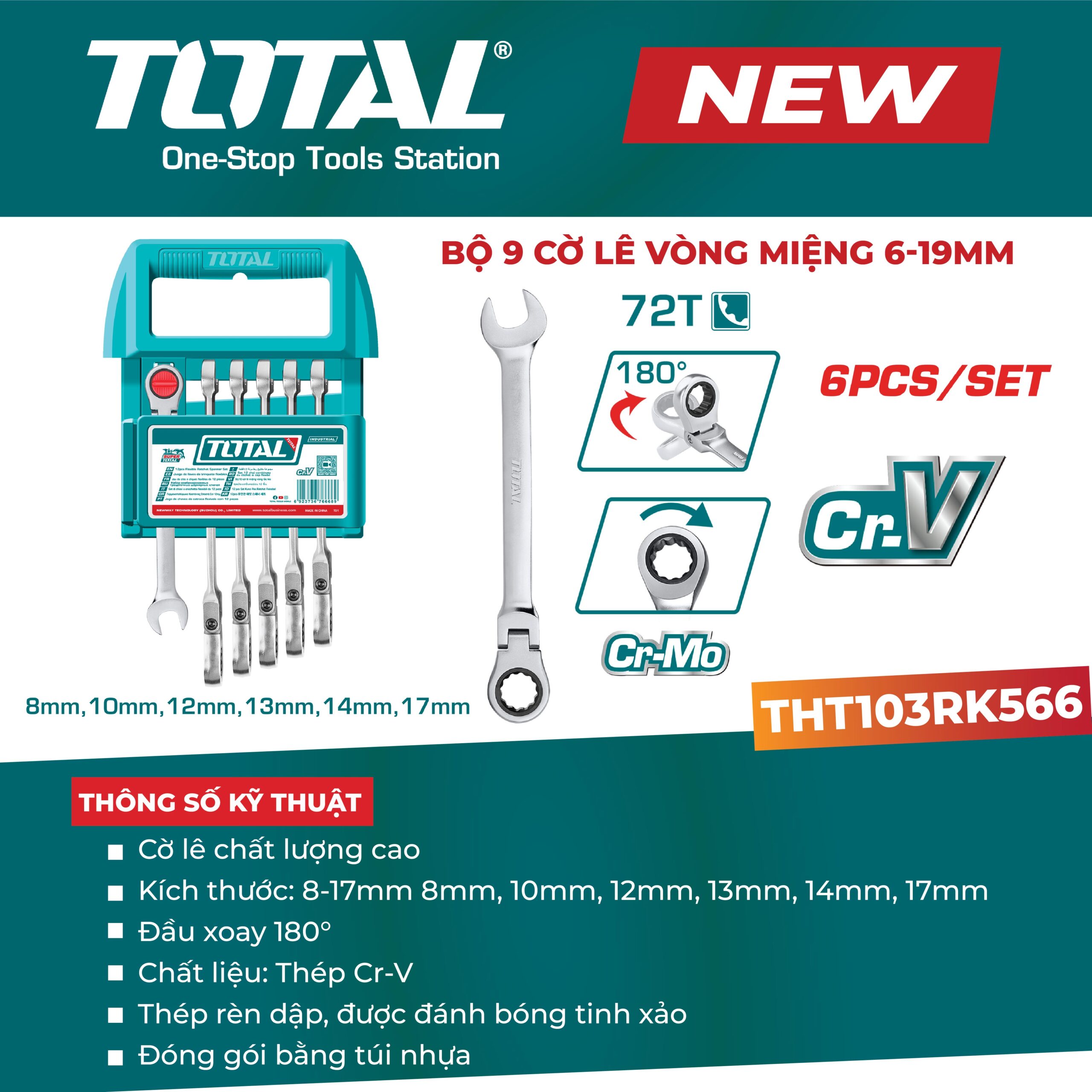 Bộ 6 cờ lê miệng vòng xoay chiều đầu lắc léo 8-17mm THT103RK566