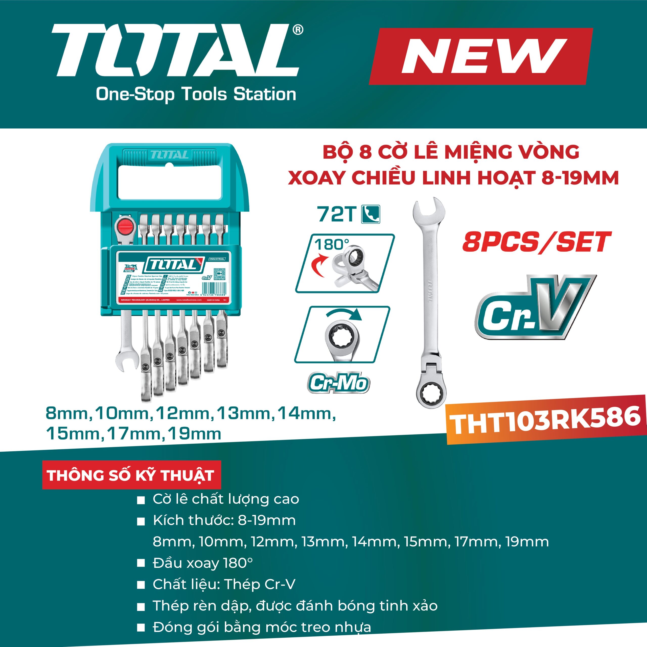 Bộ 8 cờ lê miệng vòng xoay chiều đầu lắc léo 8-19mm THT103RK586