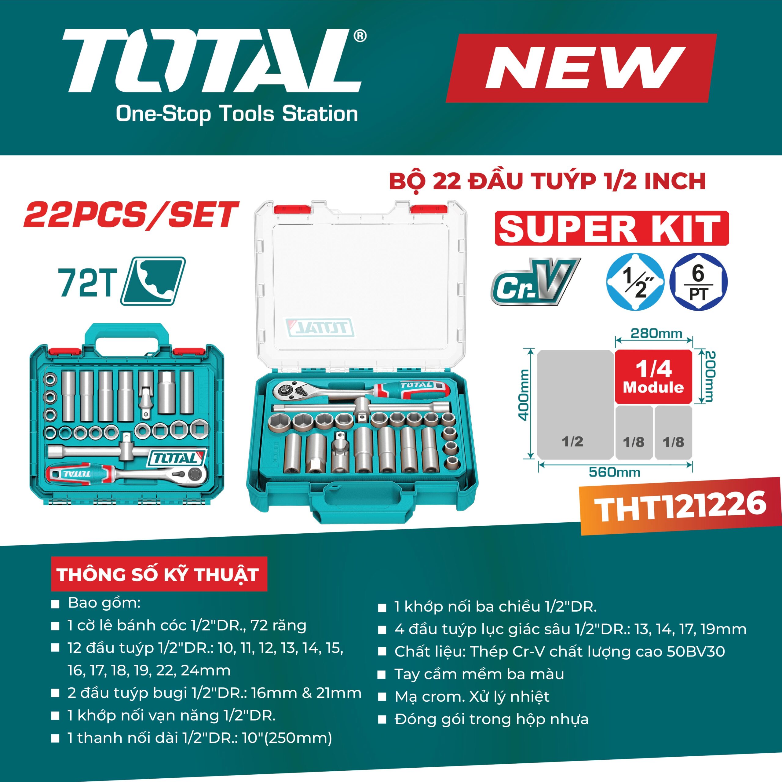 Bộ 22 đầu tuýp 1/2″ TOTAL THT121226